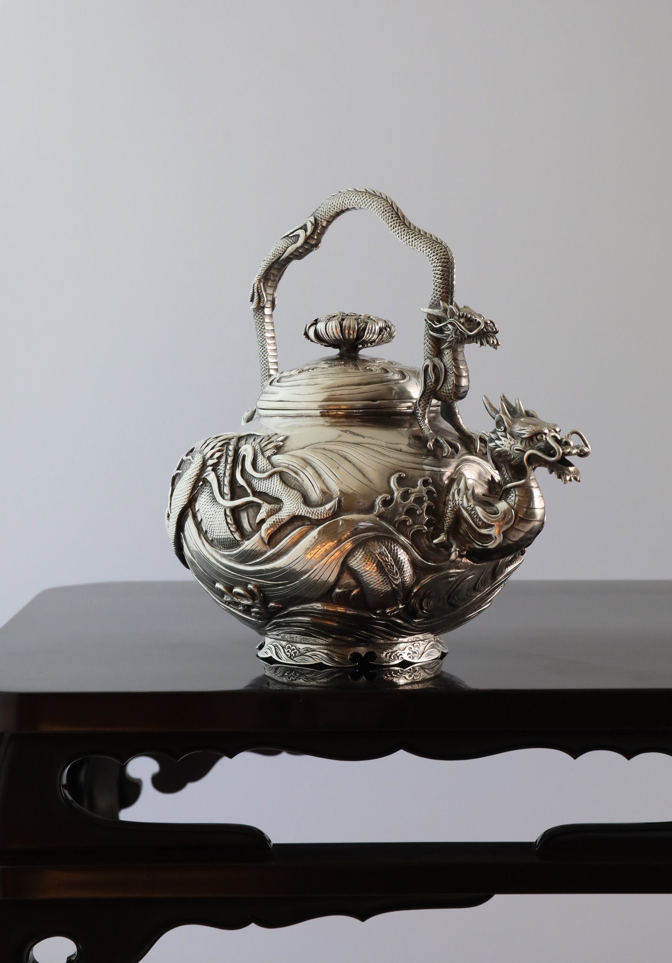 1890 Japanese Yoshitaka Dragon Pattern Sterling Silver Teapot/Tea Canister