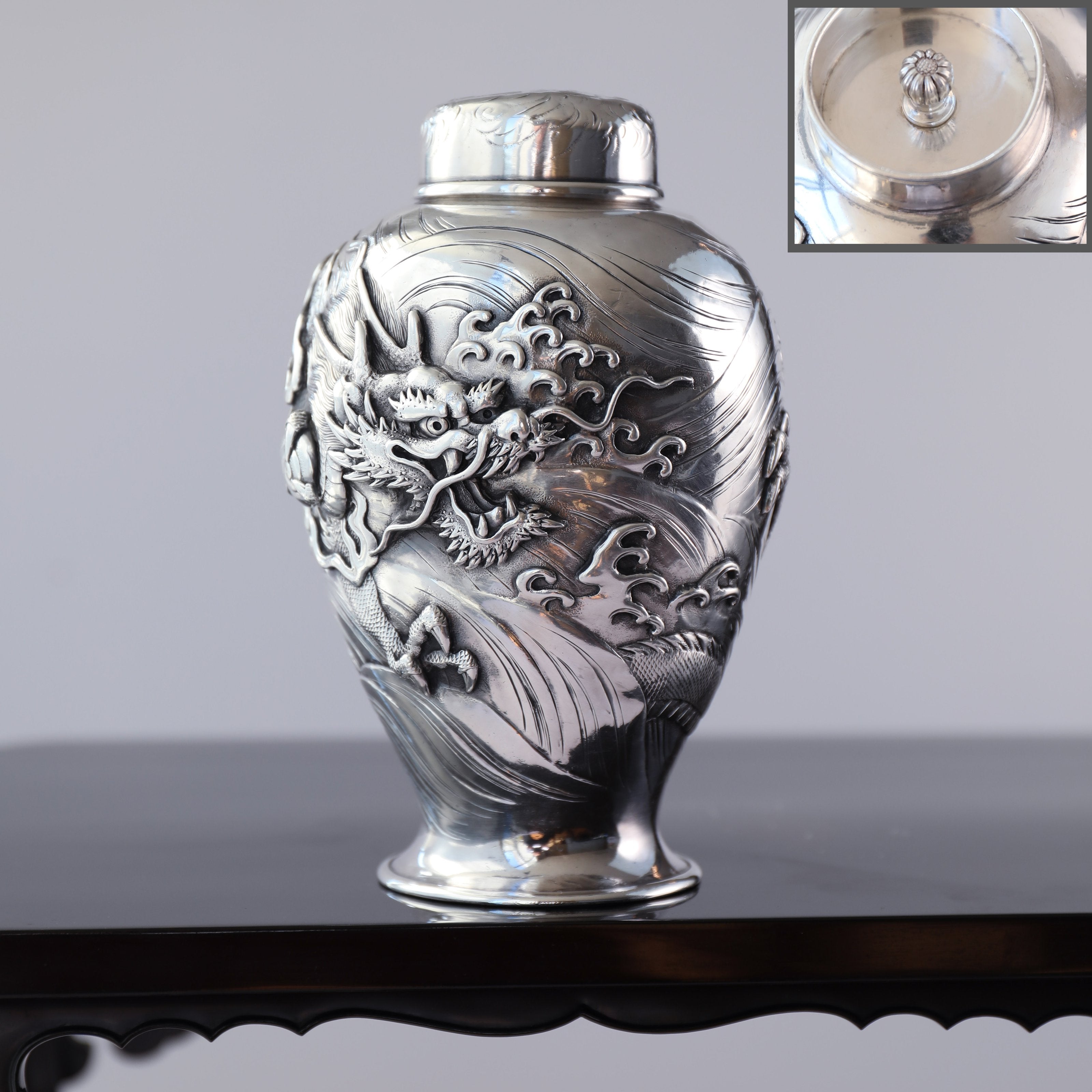 1890 Japanese Yoshitaka Dragon Pattern Sterling Silver Teapot/Tea Canister