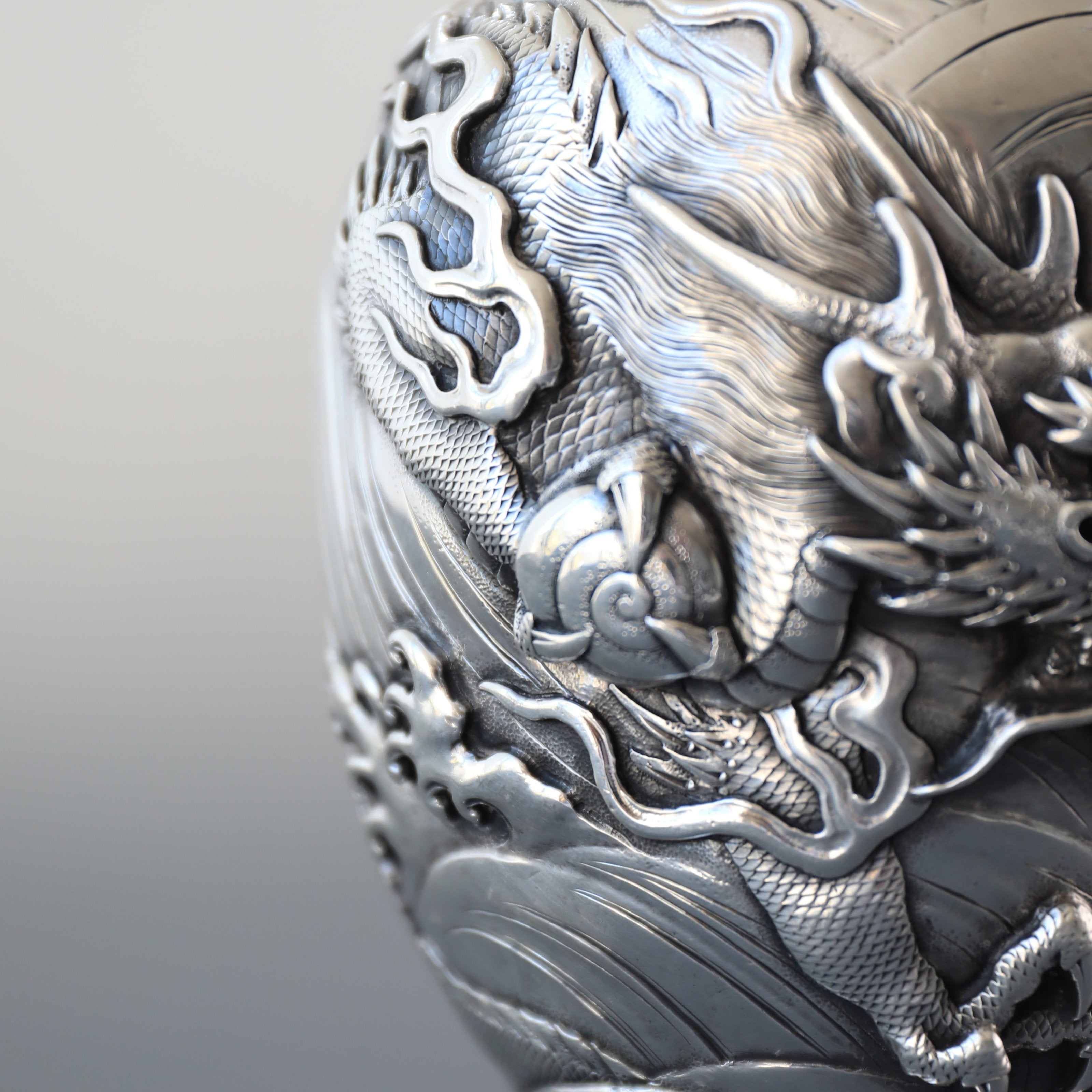 1890 Japanese Yoshitaka Dragon Pattern Sterling Silver Teapot/Tea Canister