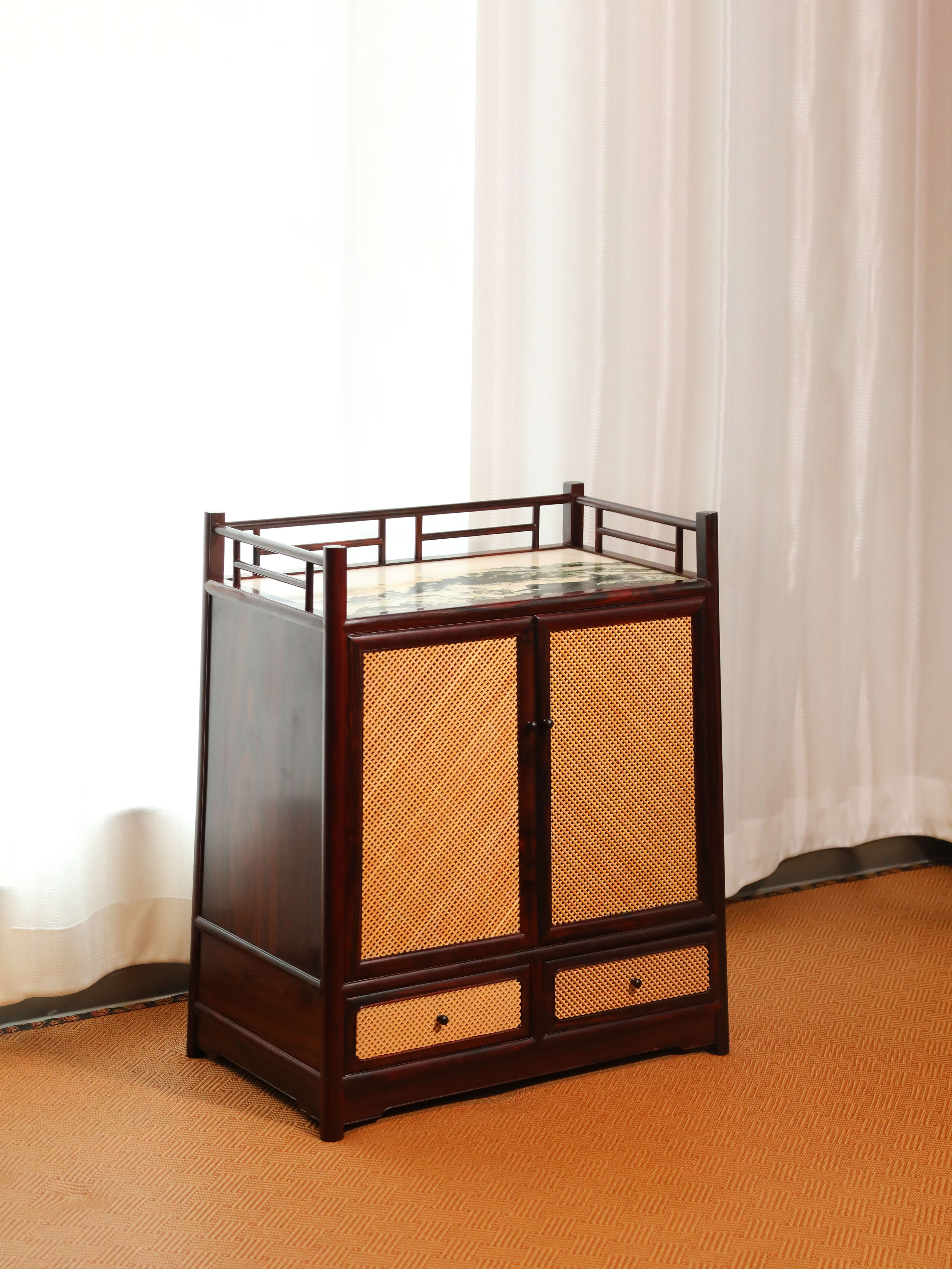 Rosewood inlaid with boxwood and marble bamboo tea cabinet