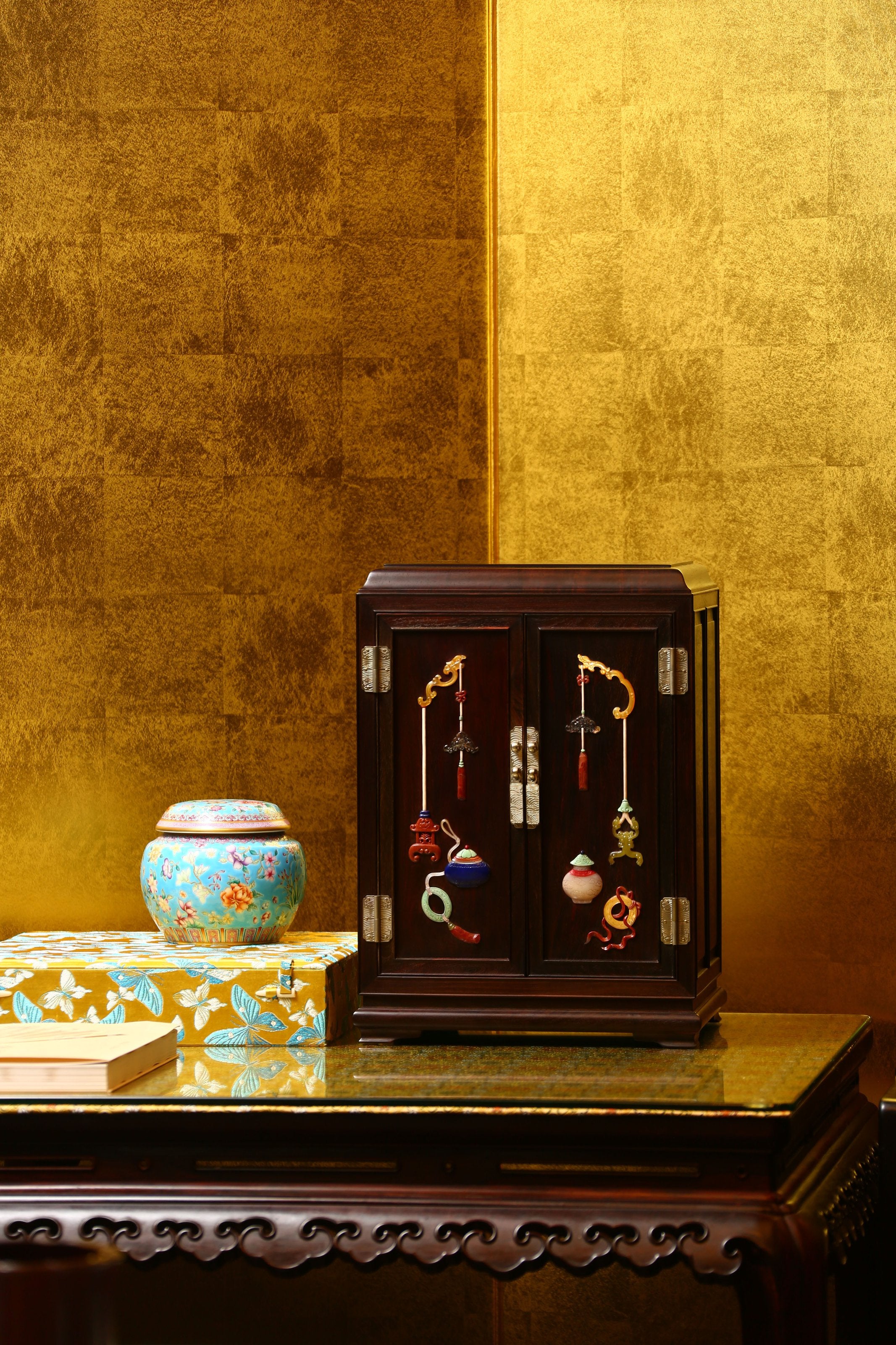 Rosewood Tea Cabinet with Inlaid Antique Designs
