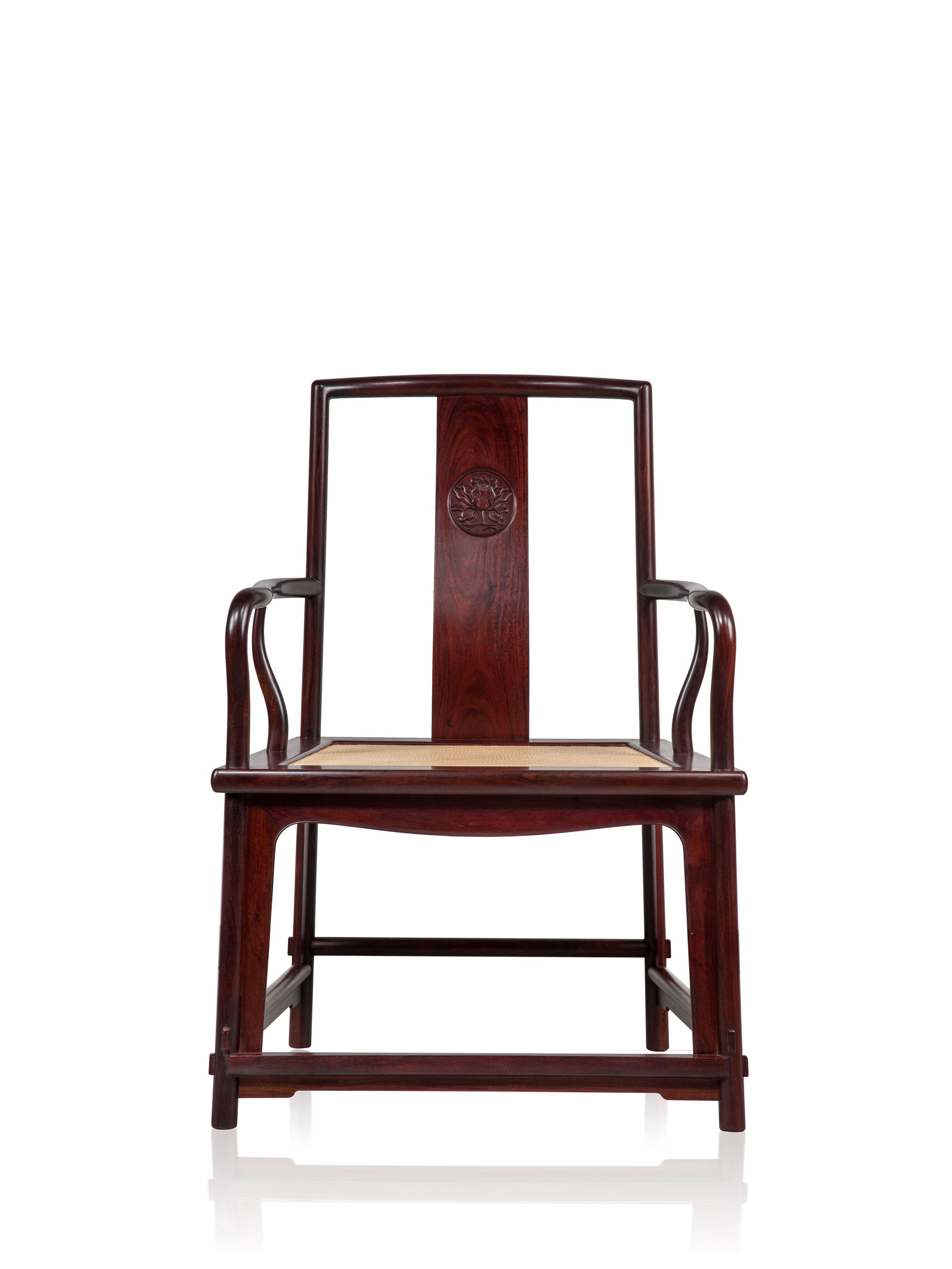 Purple sandalwood fan-shaped chair with peony pattern / Zambian purple sandalwood fan-shaped chair with peony pattern and rattan seat