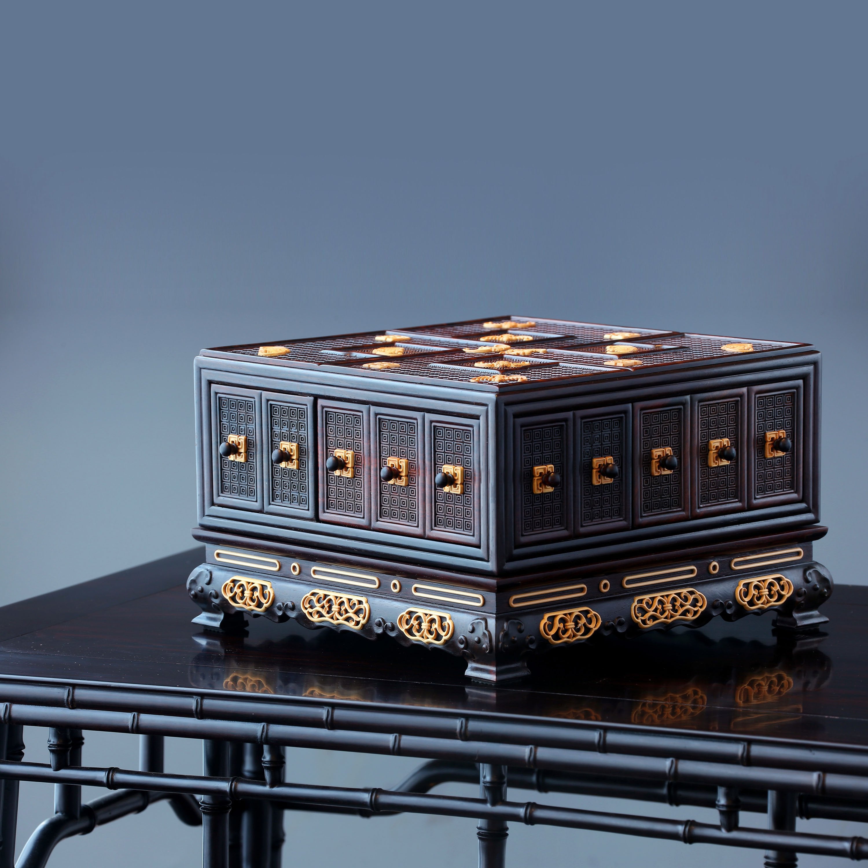 Grand Elegance Hall Treasure Box with Swastika Pattern and Abundant Blessings inlaid with Boxwood