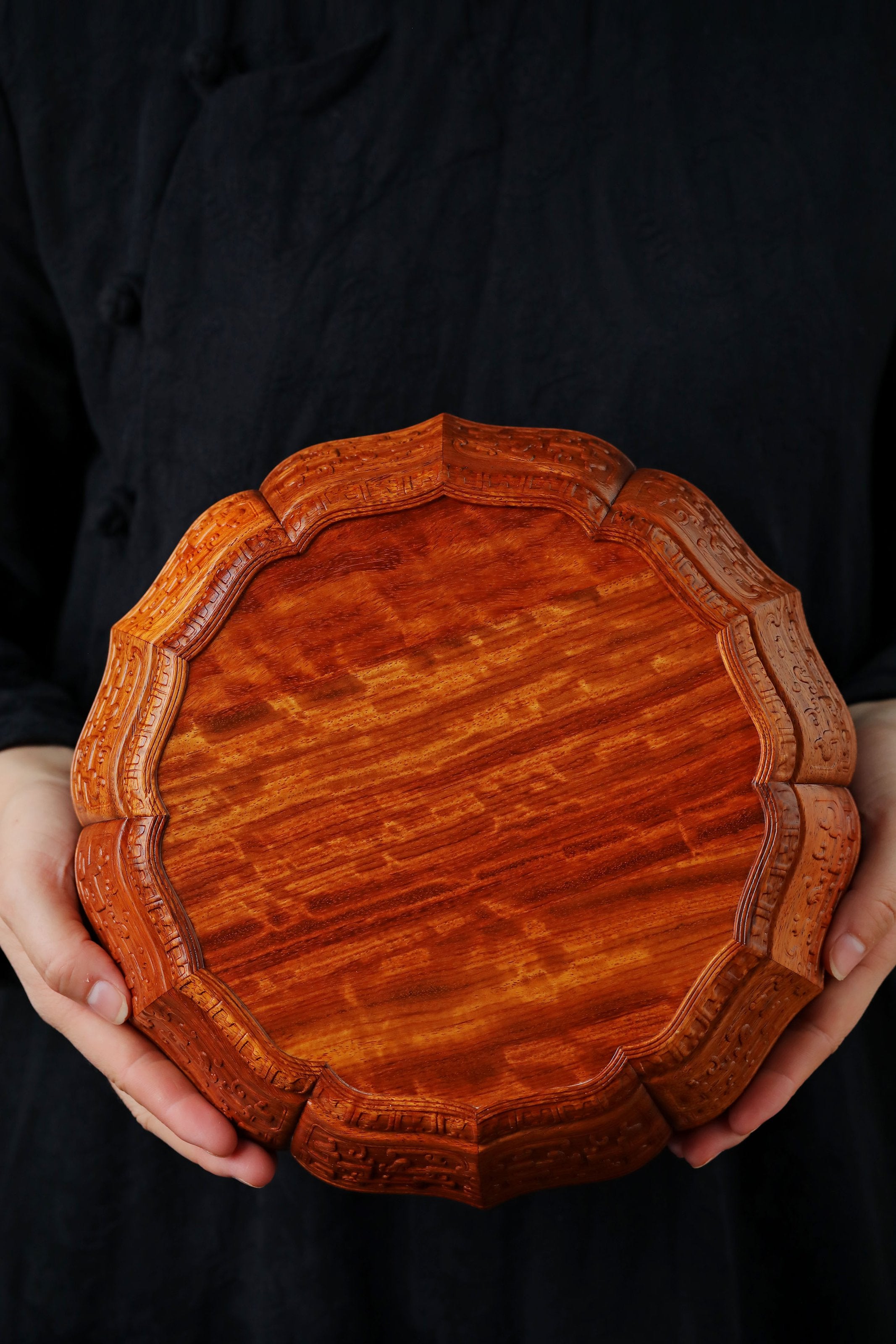 Purple sandalwood/Burmese carved twelve-cornered fruit box with a longevity sunflower shape