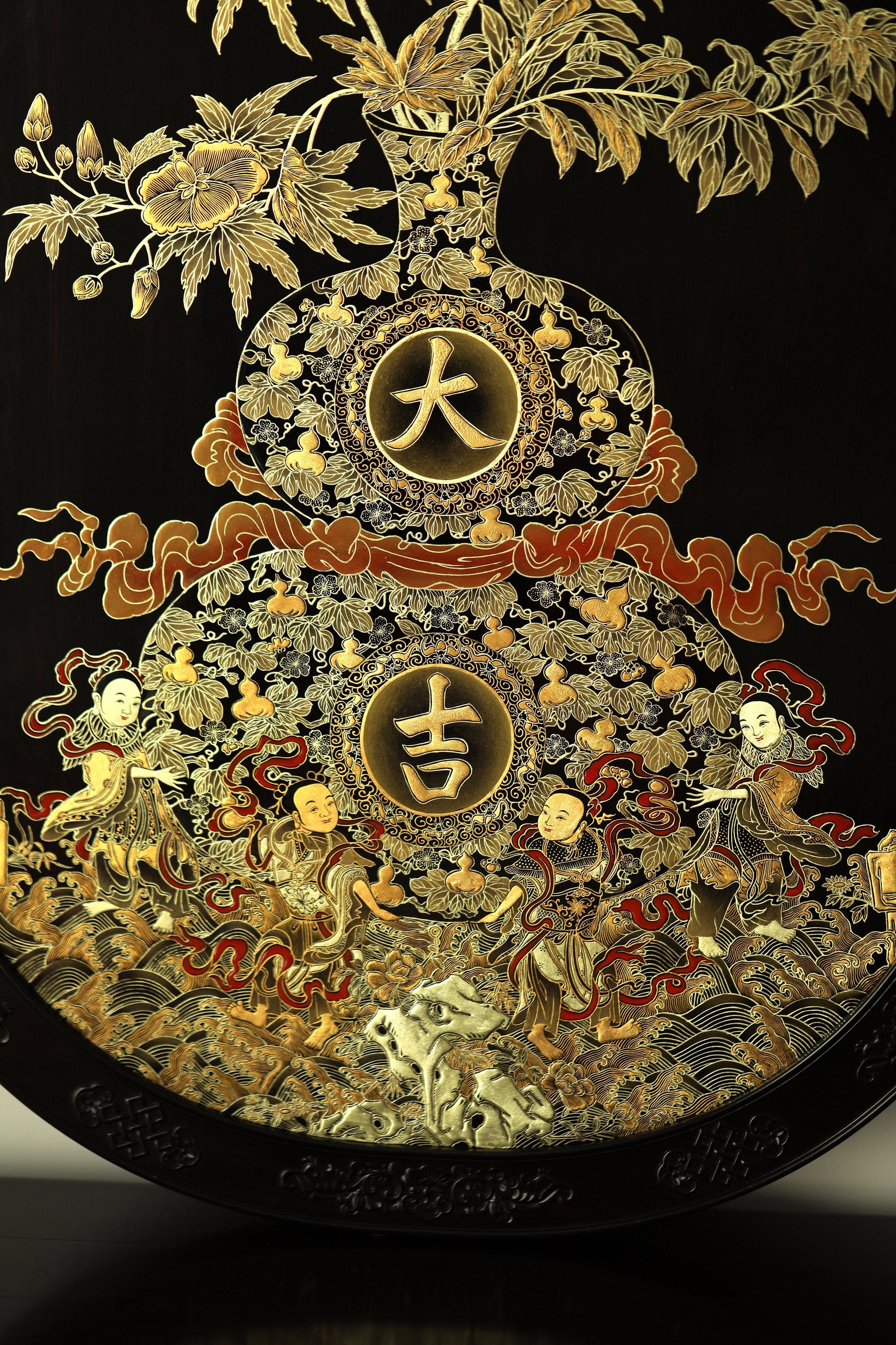 Purple sandalwood gilt auspicious vase flower hanging screen