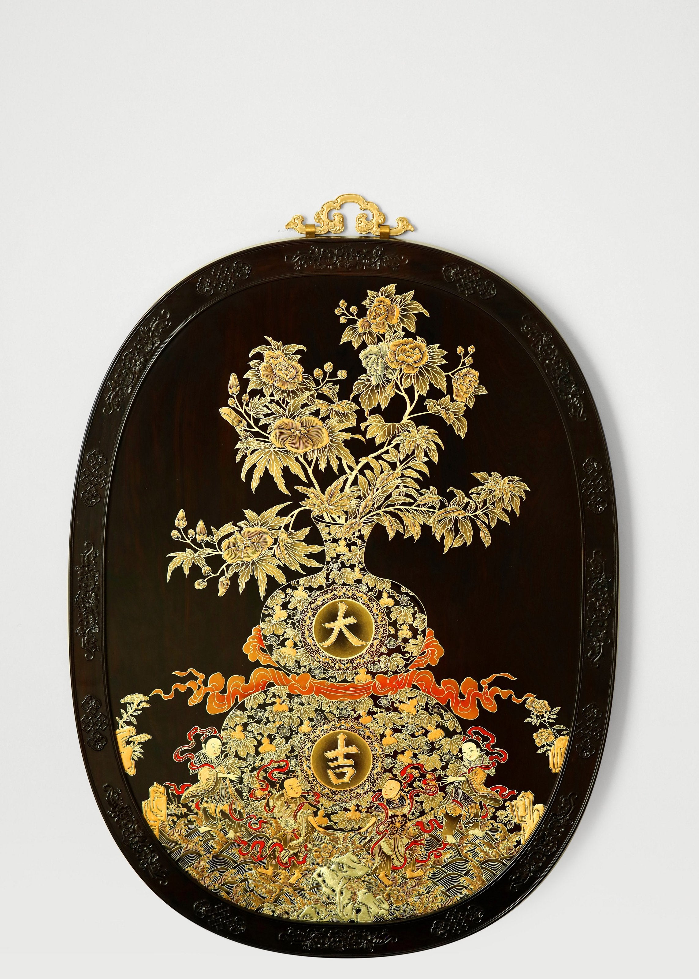 Purple sandalwood gilt auspicious vase flower hanging screen