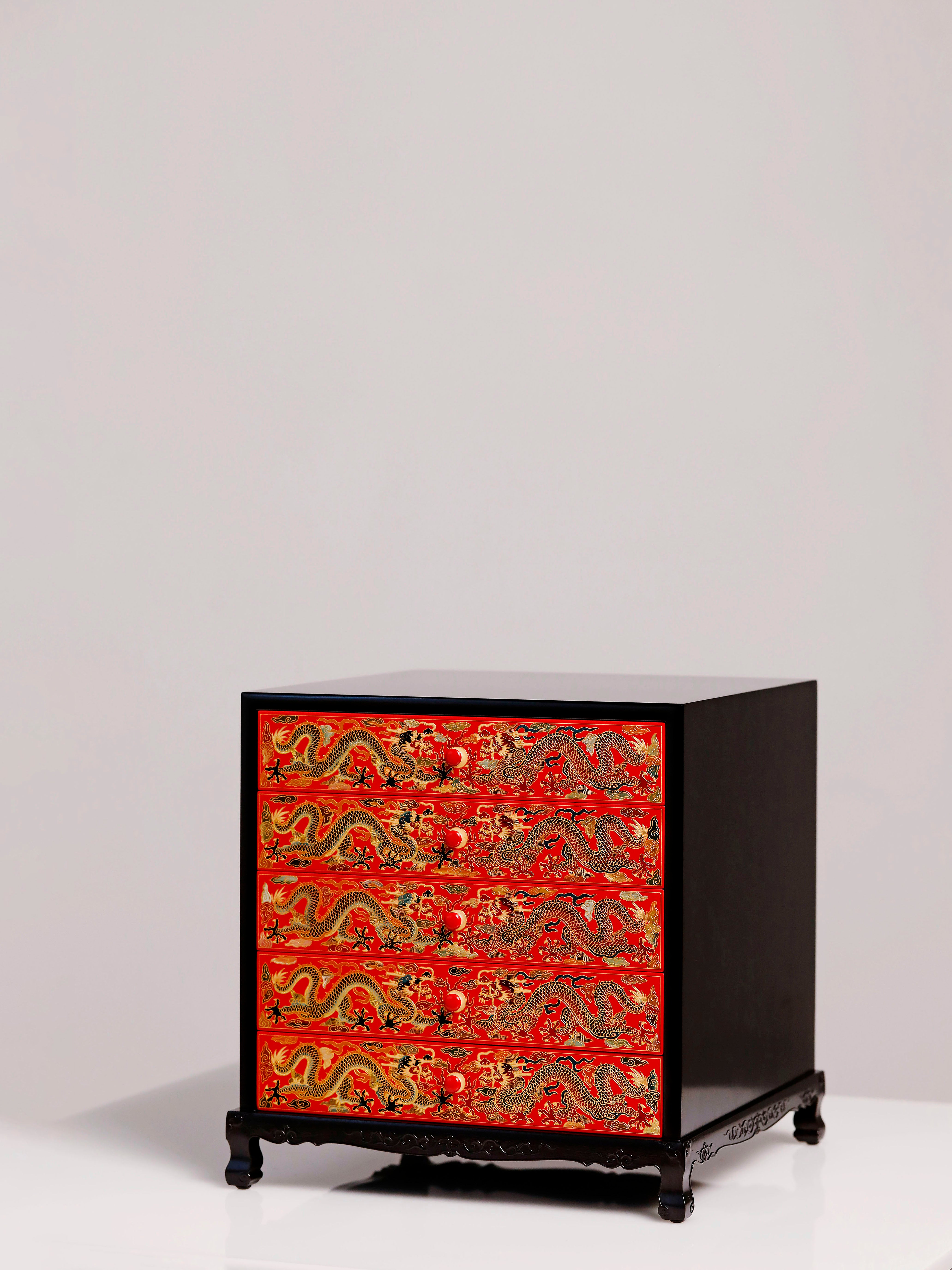 Purple sandalwood lacquer table with double dragons playing with a pearl, five-tiered tea cabinet