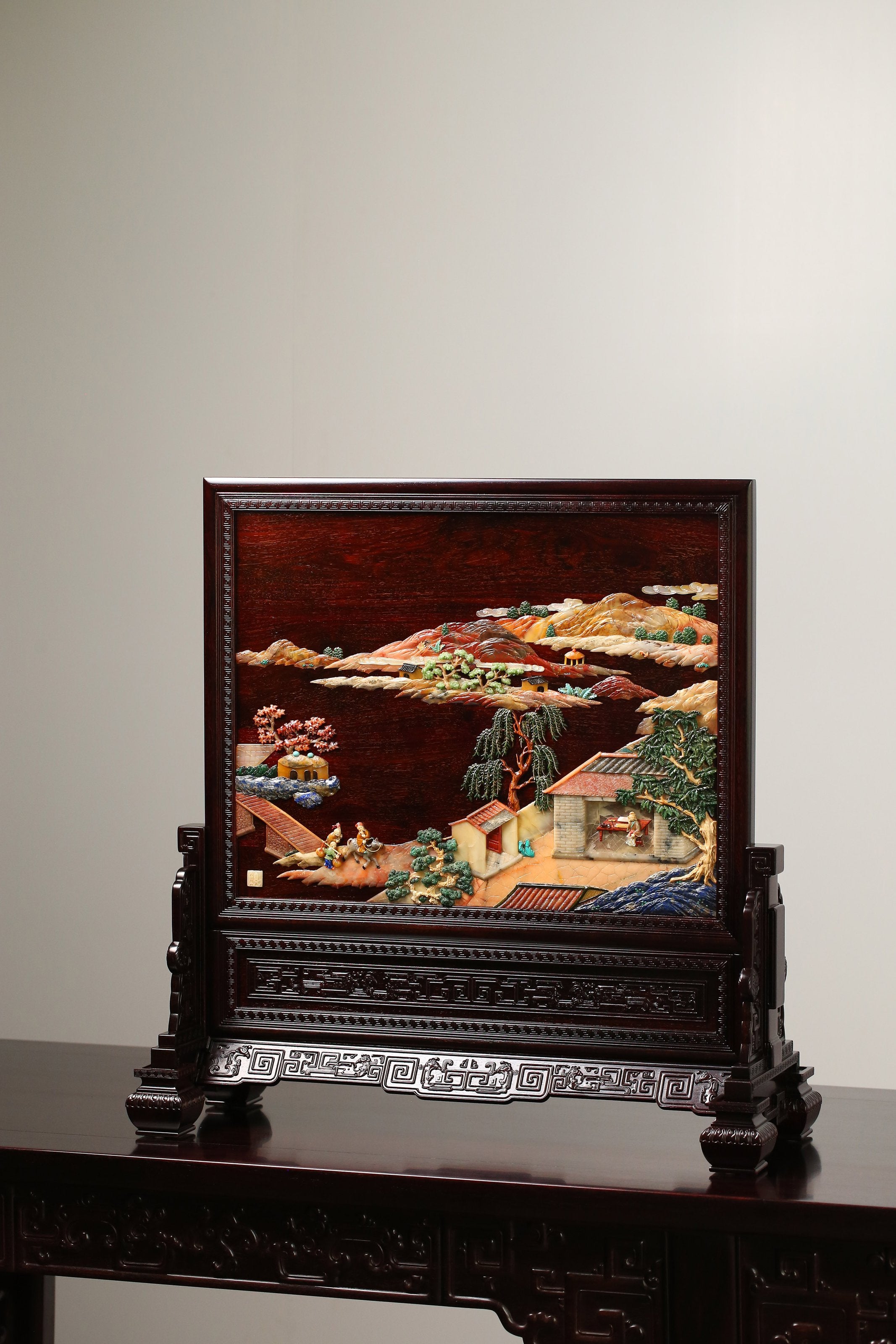 Rosewood Inlaid Scholar and Phoenix Pattern Screen