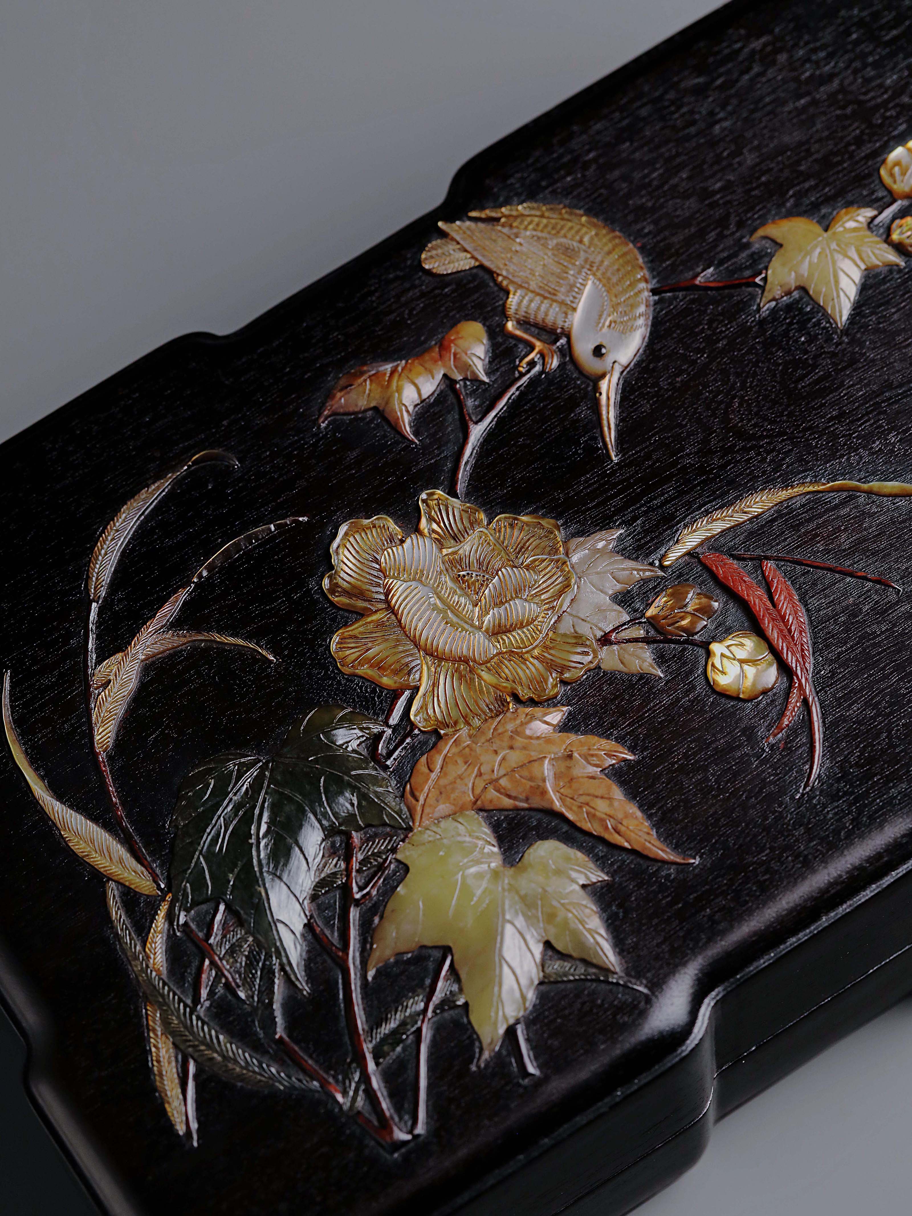 Purple sandalwood stationery box inlaid with floral and bird patterns