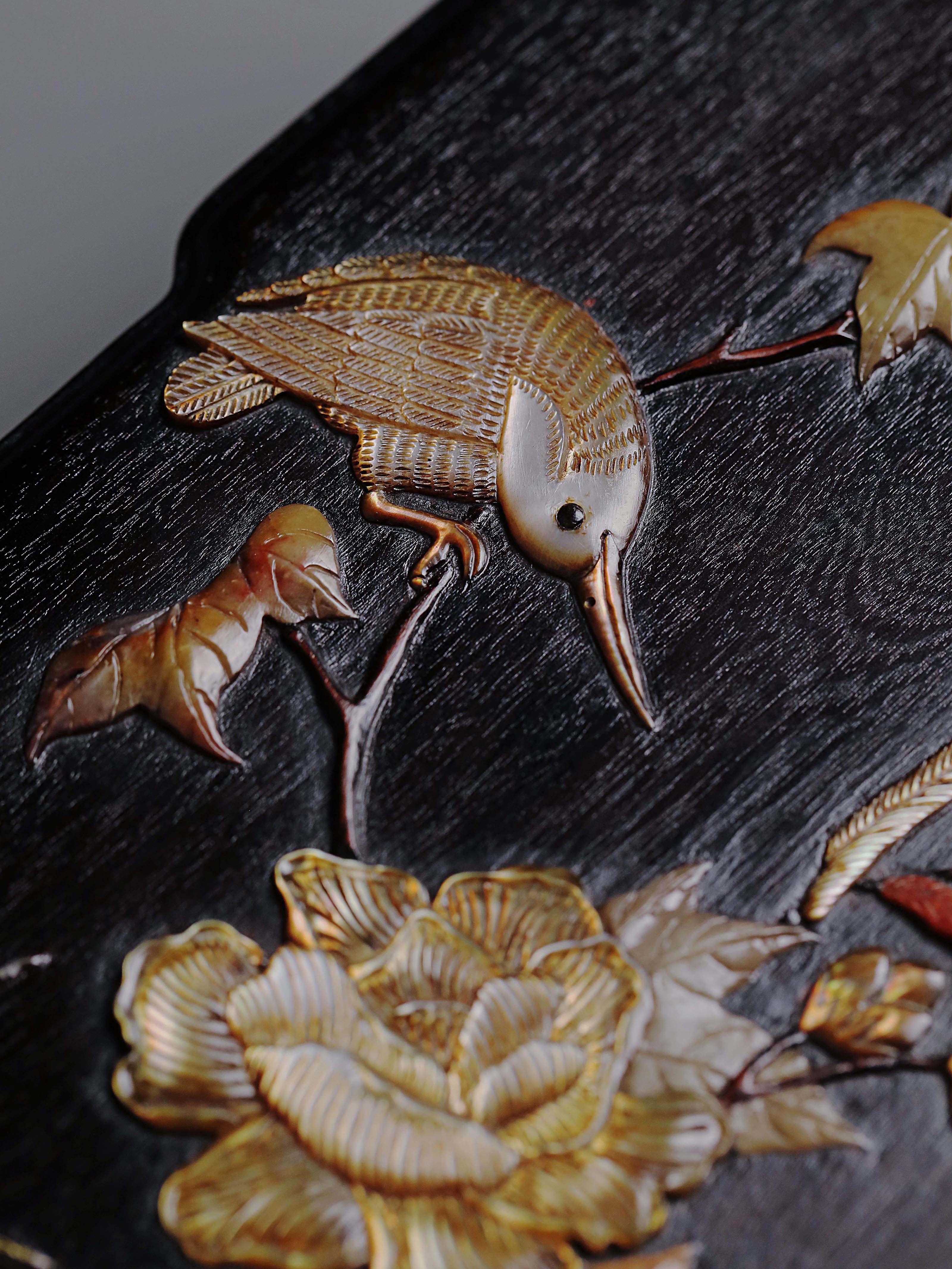 Purple sandalwood stationery box inlaid with floral and bird patterns