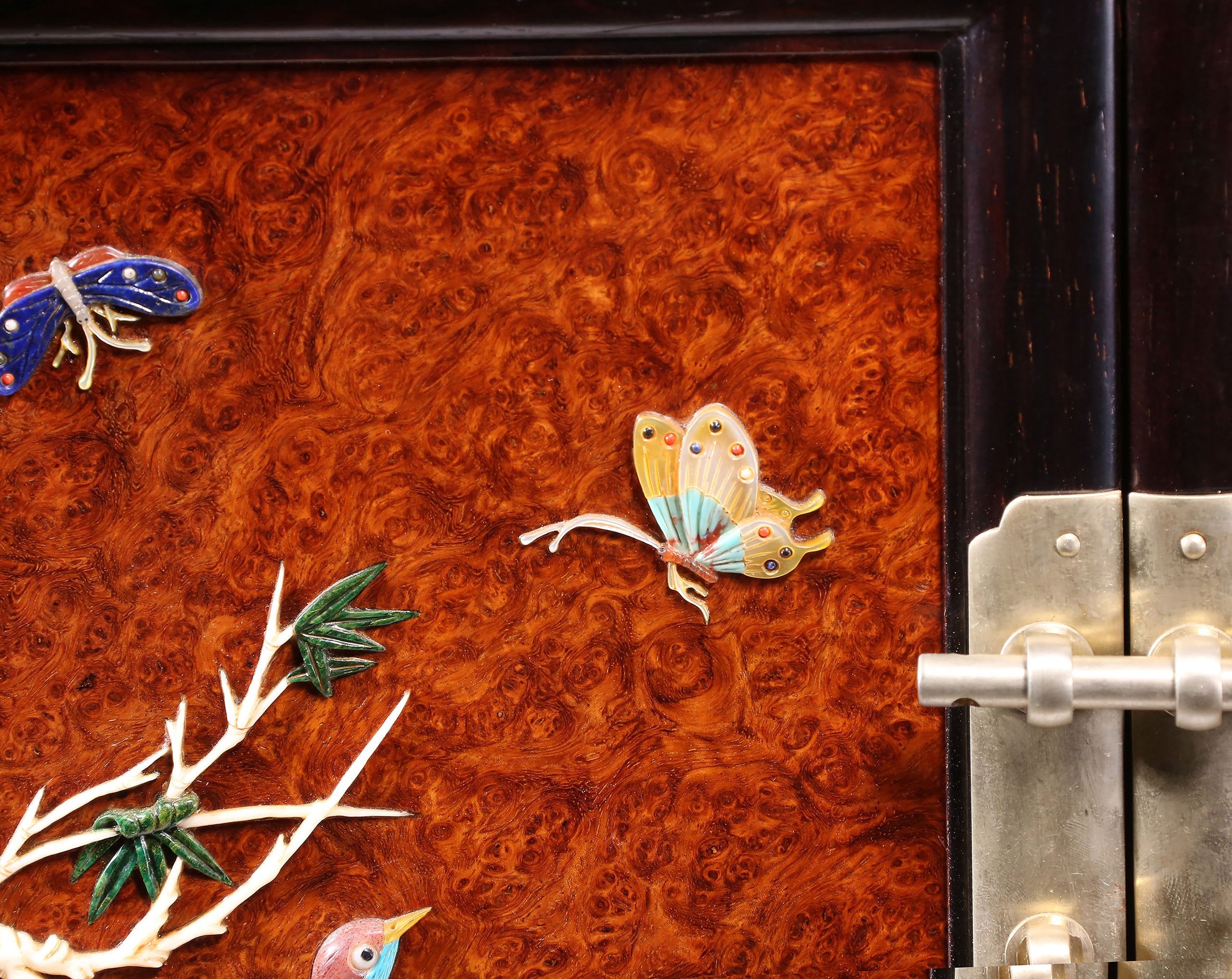 Burl Wood Inlaid Treasure Tea Box with Flowers and Birds