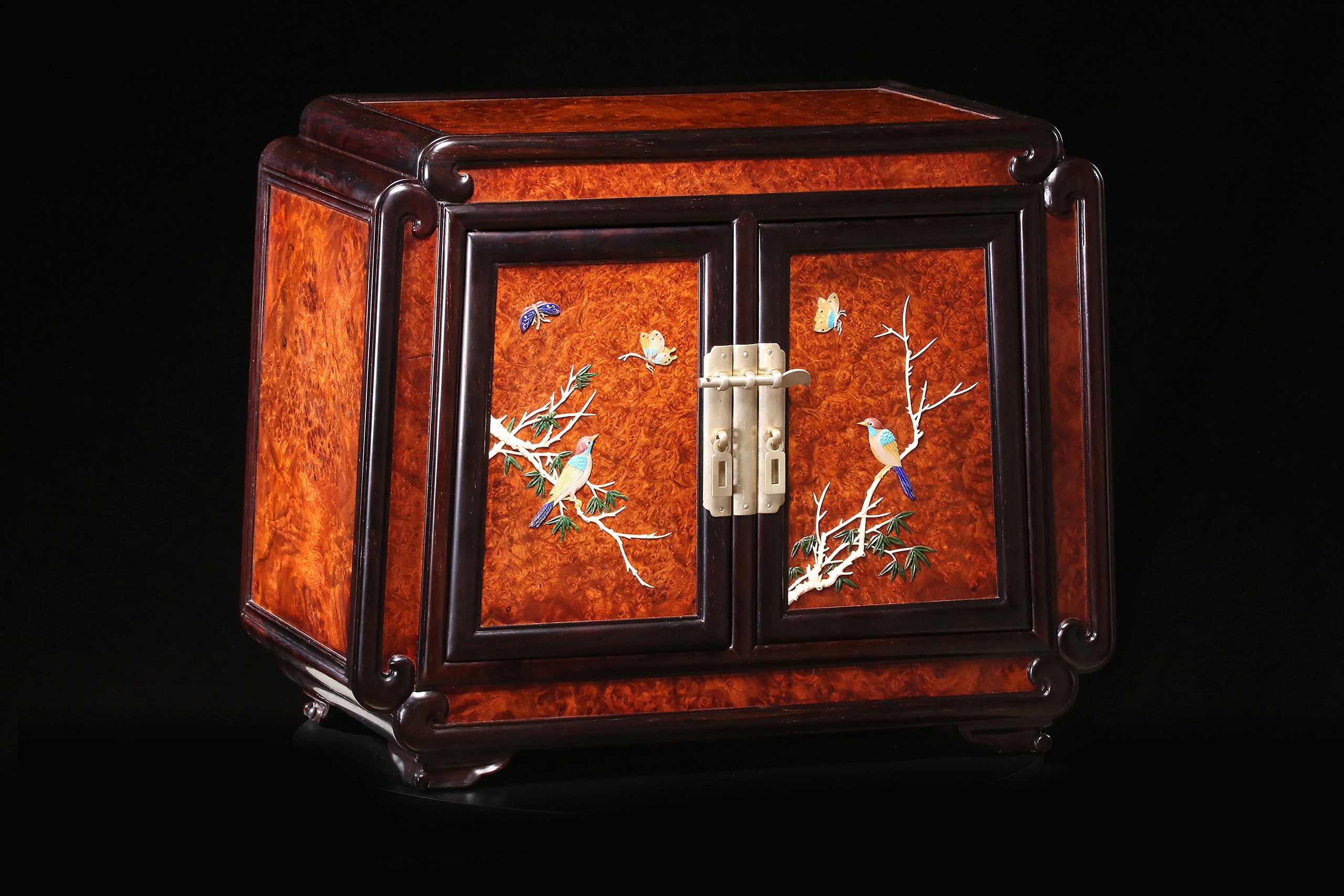 Burl Wood Inlaid Treasure Tea Box with Flowers and Birds