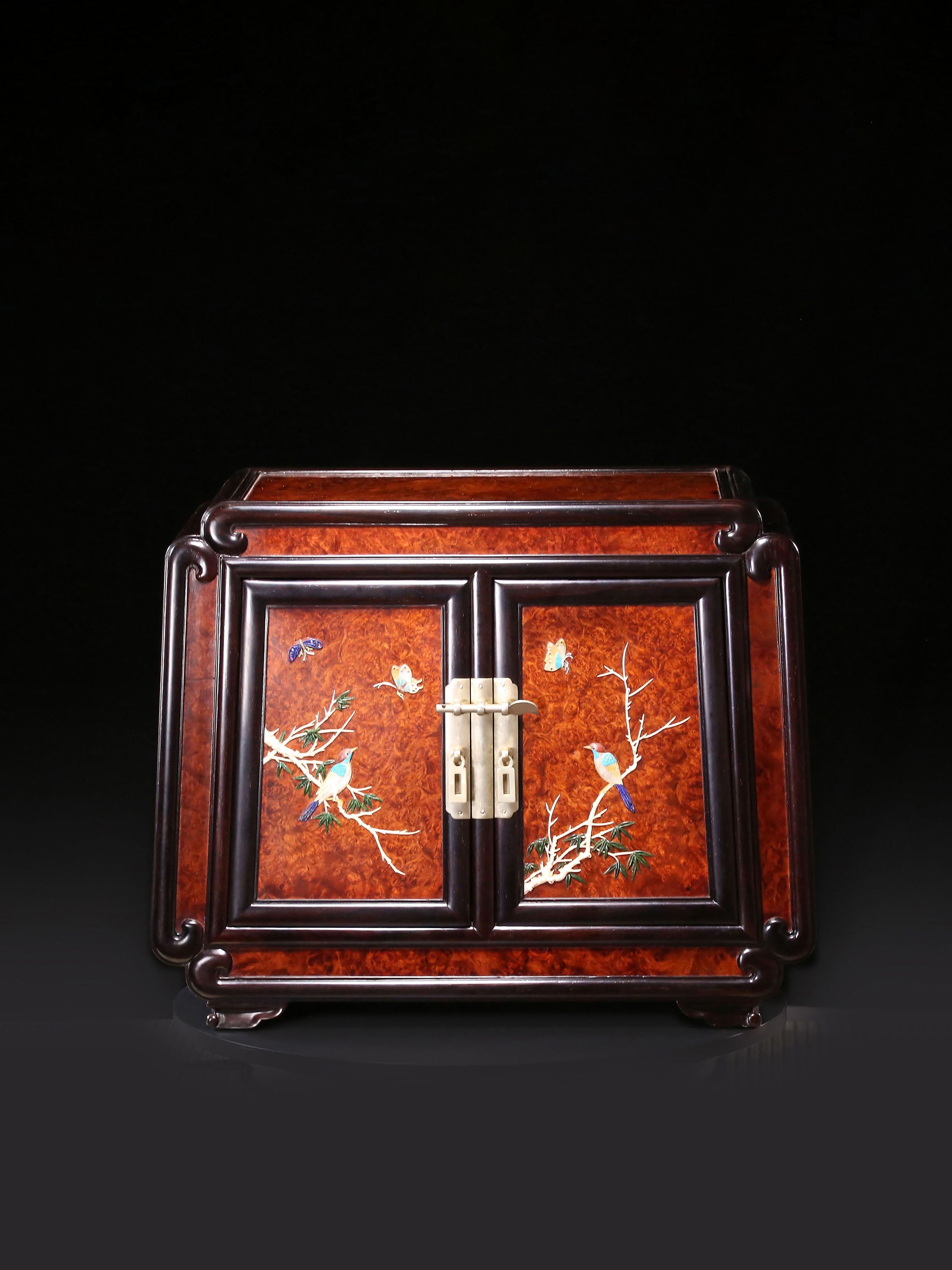 Burl Wood Inlaid Treasure Tea Box with Flowers and Birds