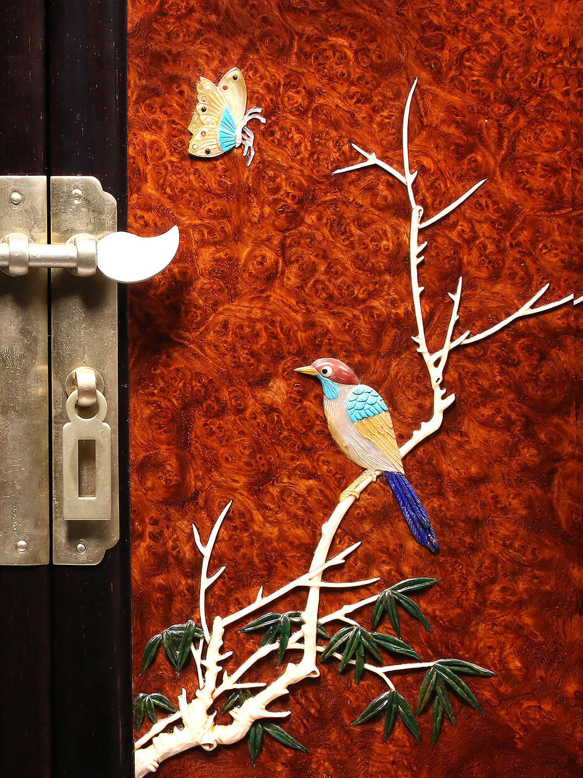 Burl Wood Inlaid Treasure Tea Box with Flowers and Birds