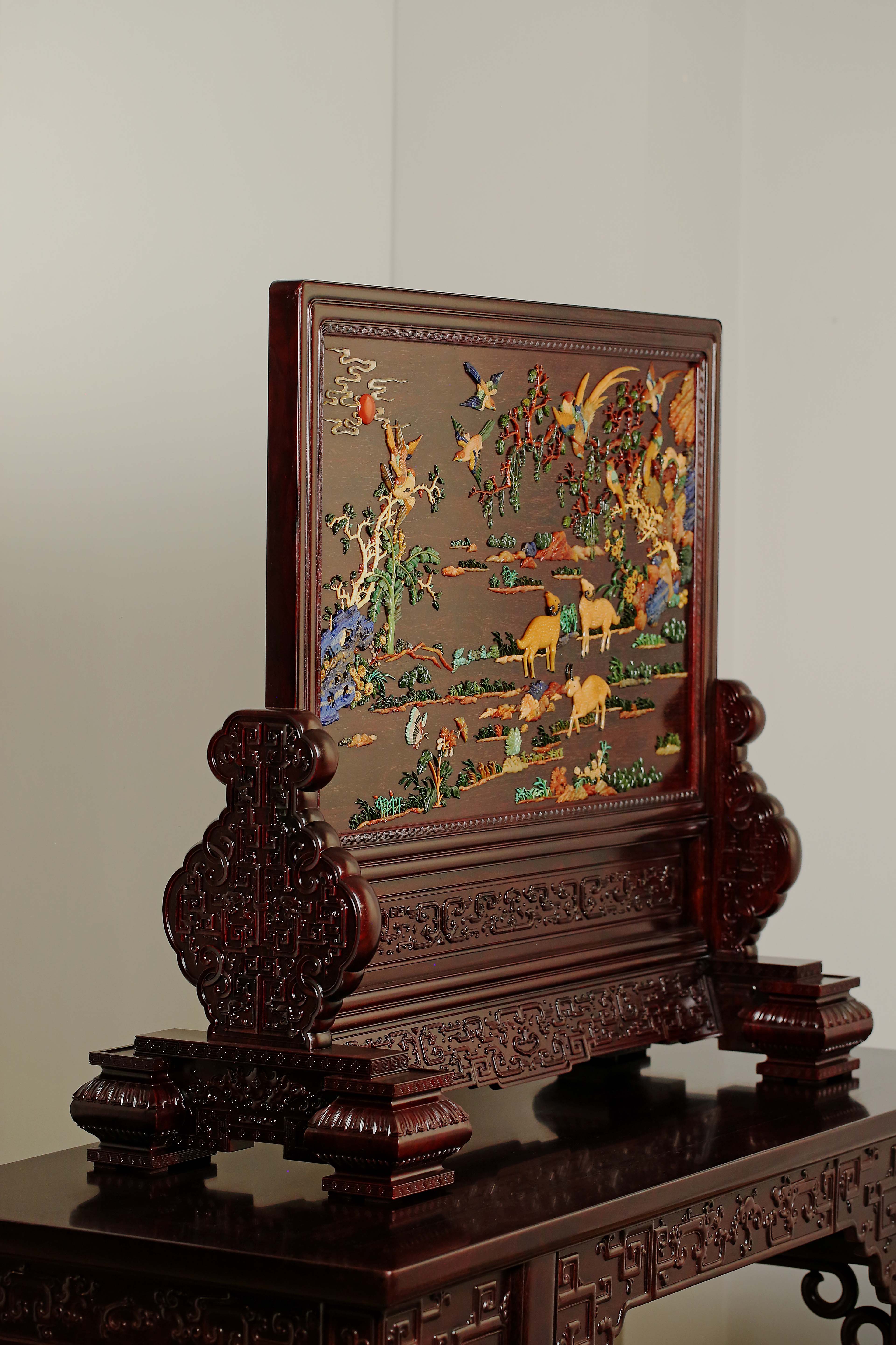 Extra Large Insert Screen with Hundred Birds Inlaid with Treasures