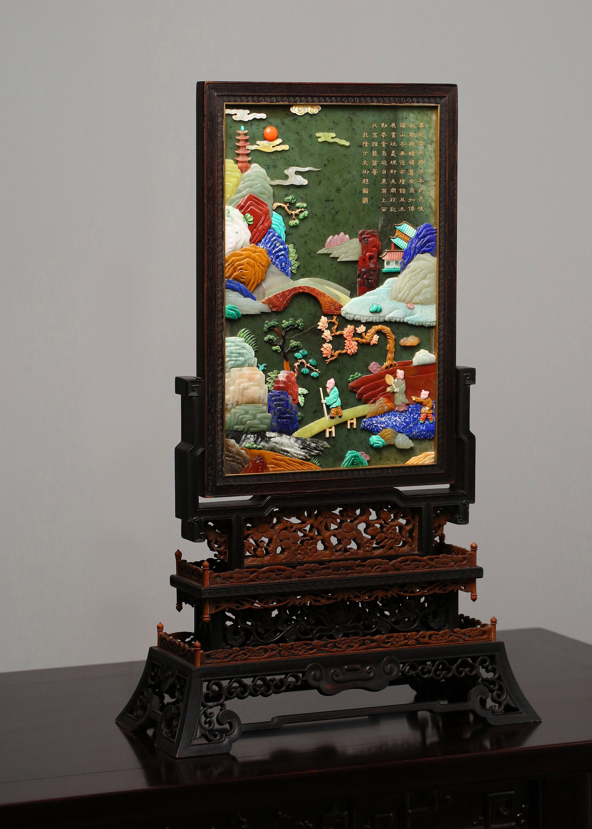 Jade Inlaid Gemstone Antique Gilded Screen