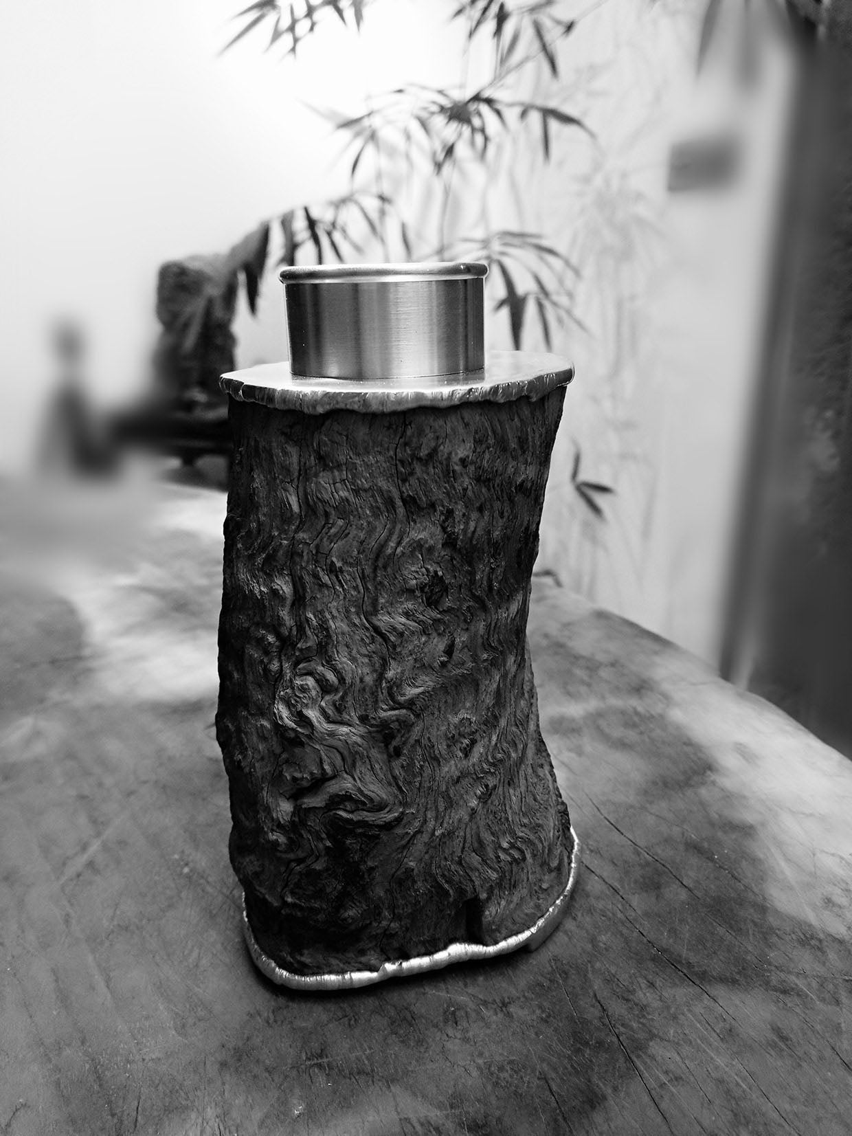 Antique and rustic old tin-carved burl wood tea caddy