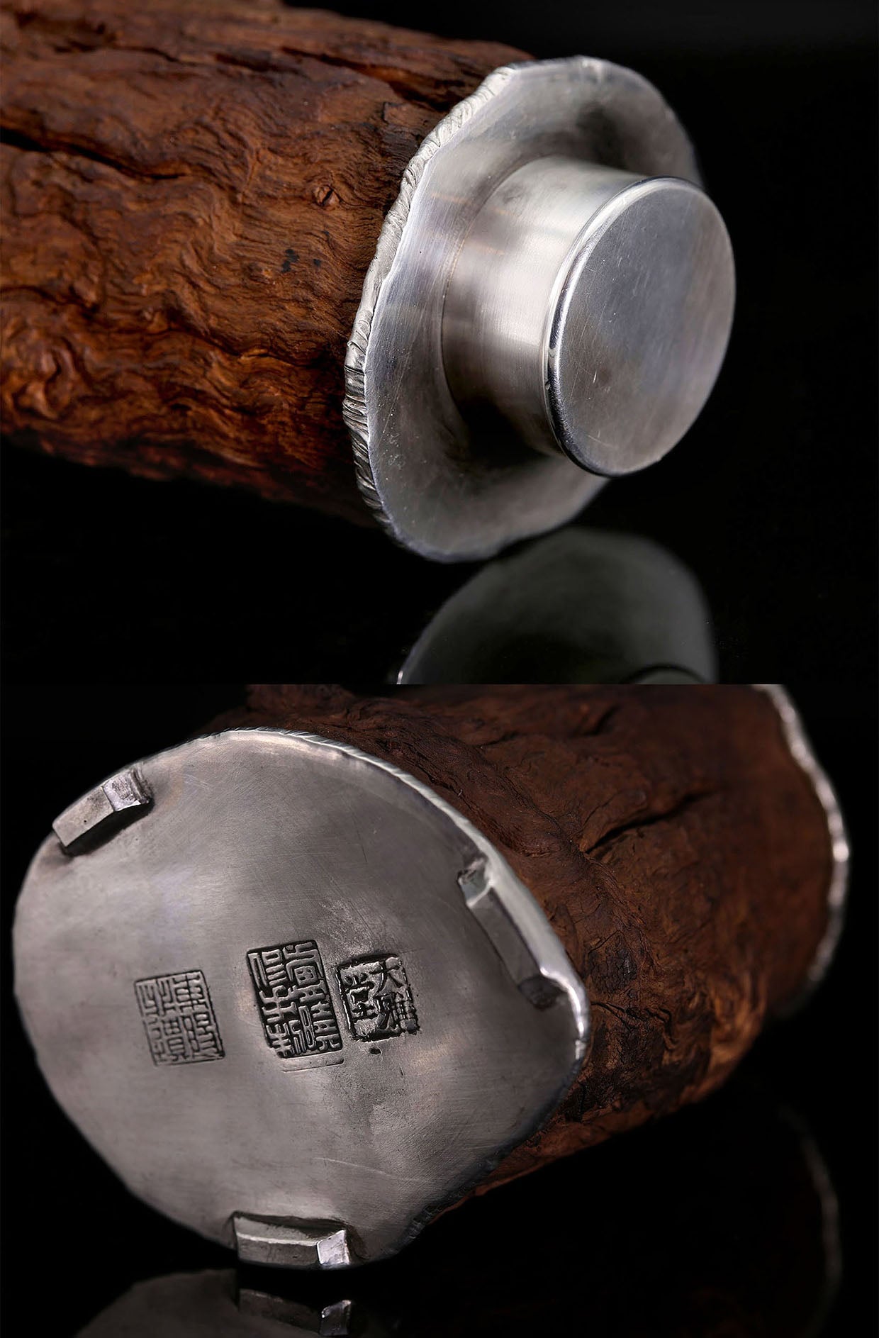 Antique and rustic old tin-carved burl wood tea caddy