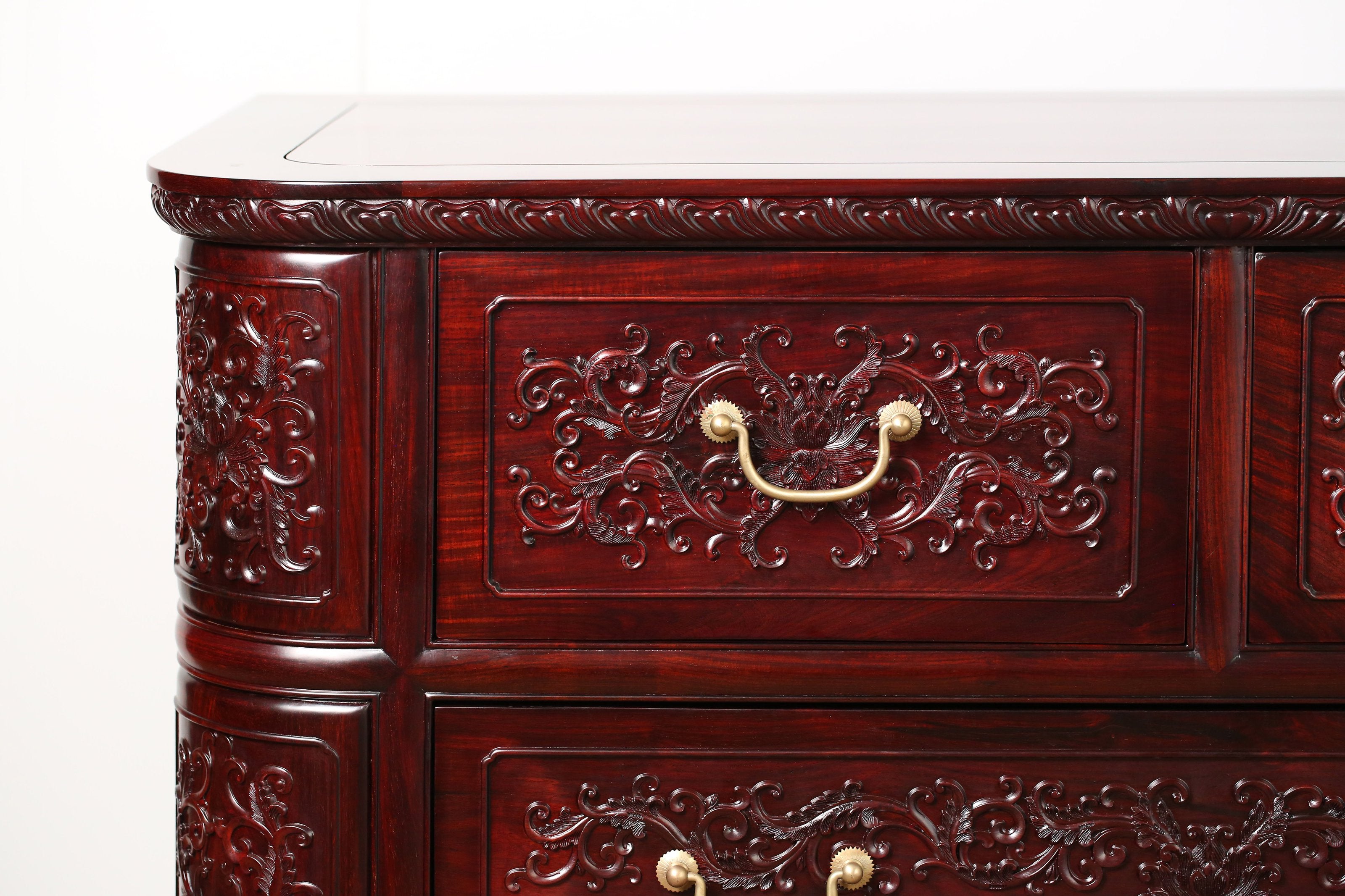 Lao rosewood five-drawer cabinet with lotus scroll pattern