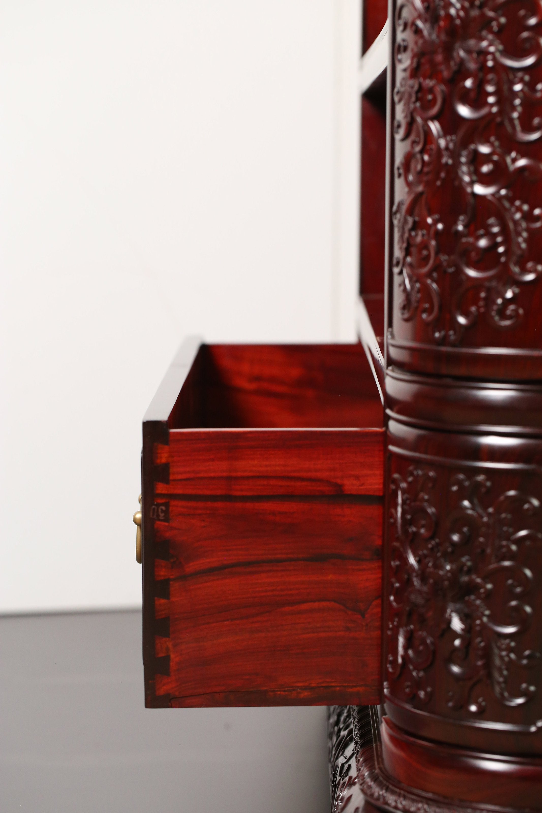 Lao rosewood five-drawer cabinet with lotus scroll pattern