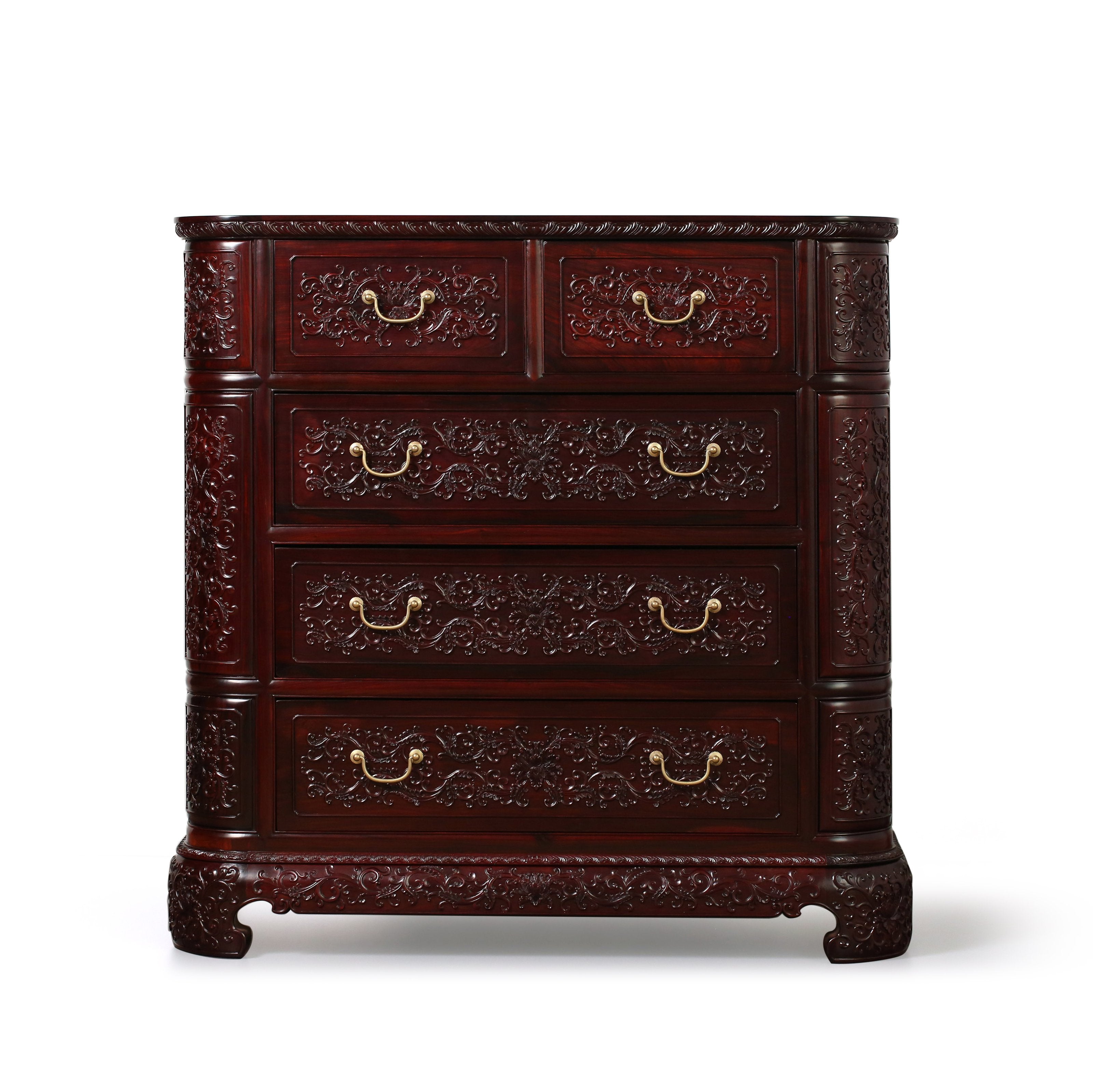 Lao rosewood five-drawer cabinet with lotus scroll pattern