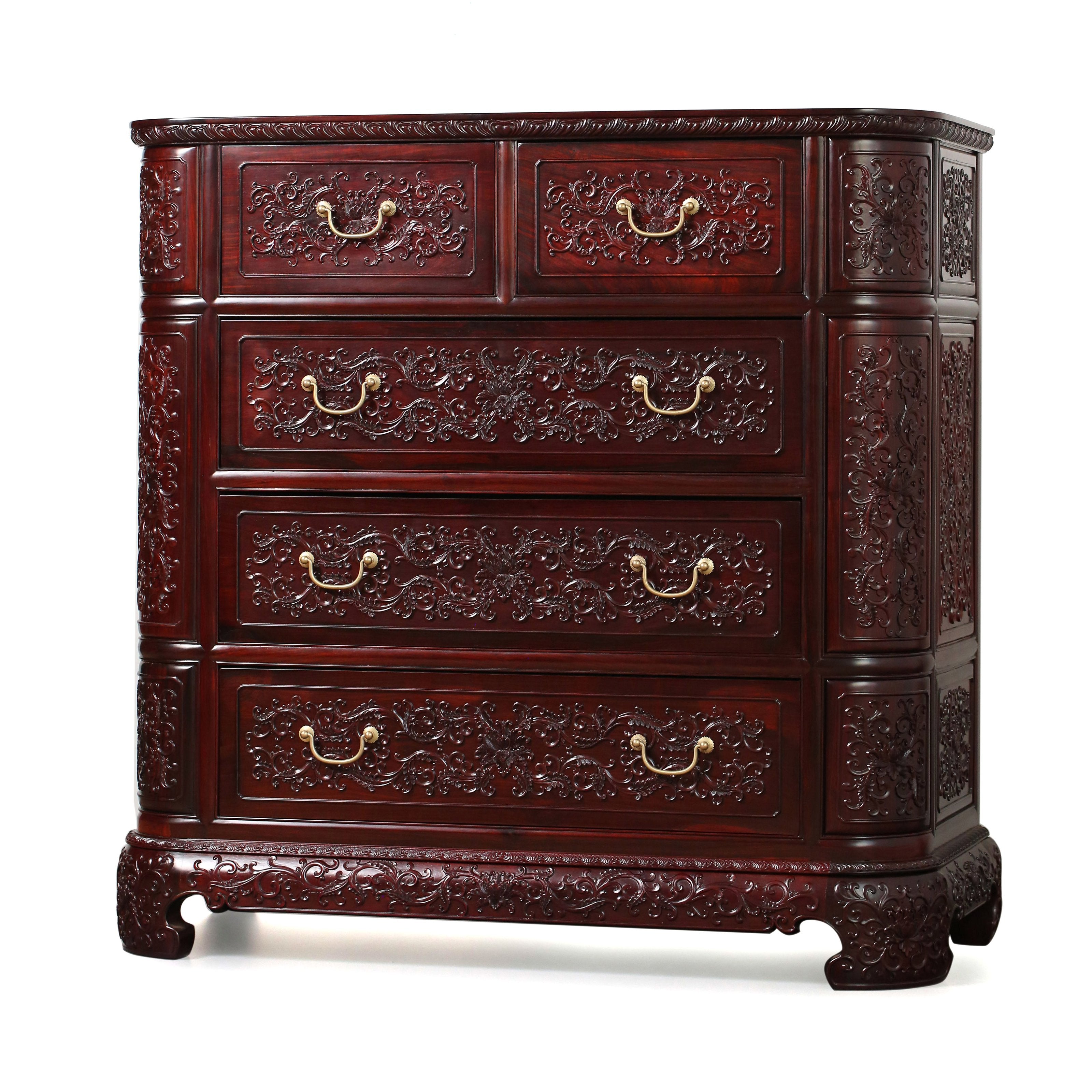 Lao rosewood five-drawer cabinet with lotus scroll pattern