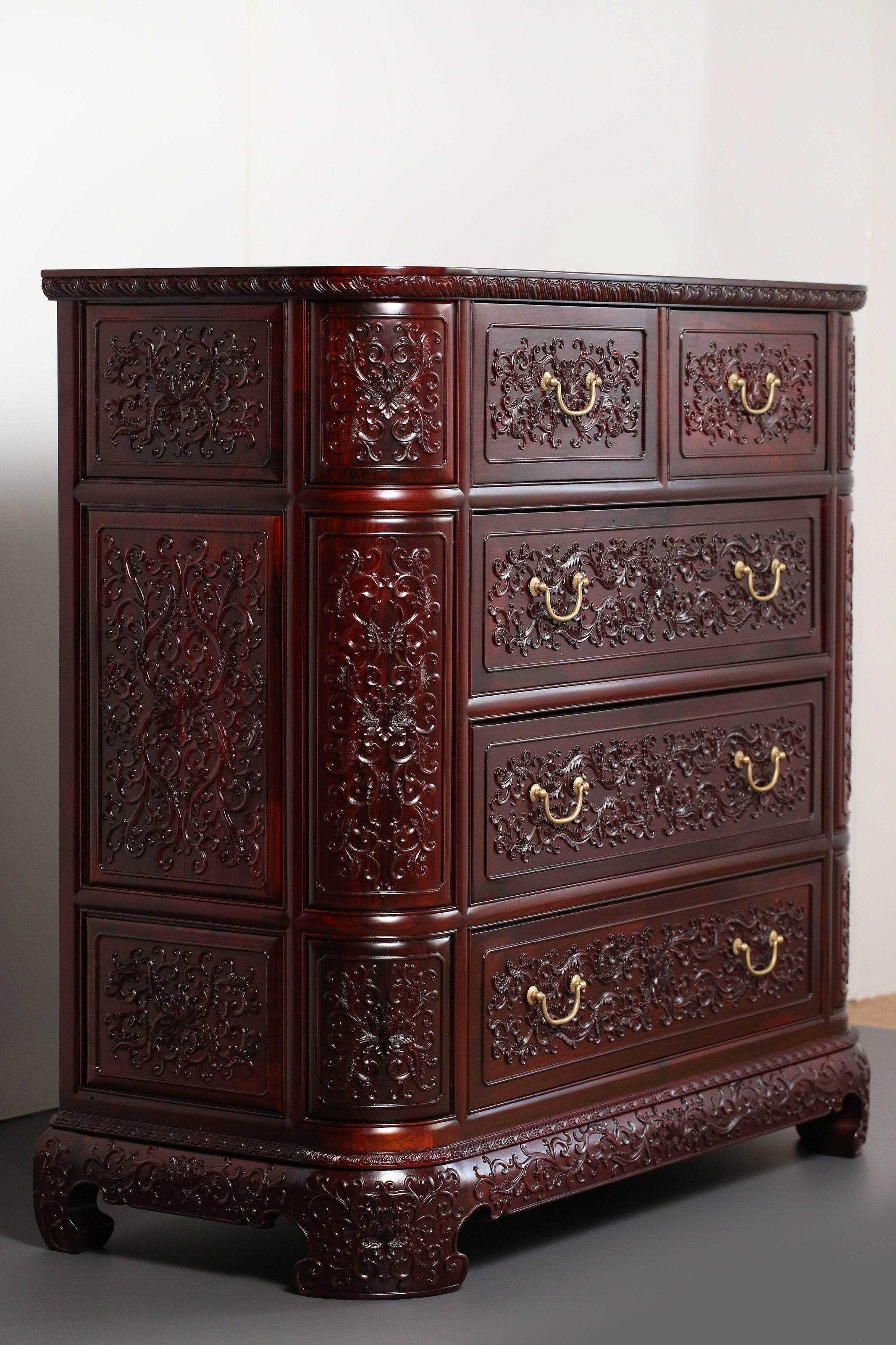 Lao rosewood five-drawer cabinet with lotus scroll pattern