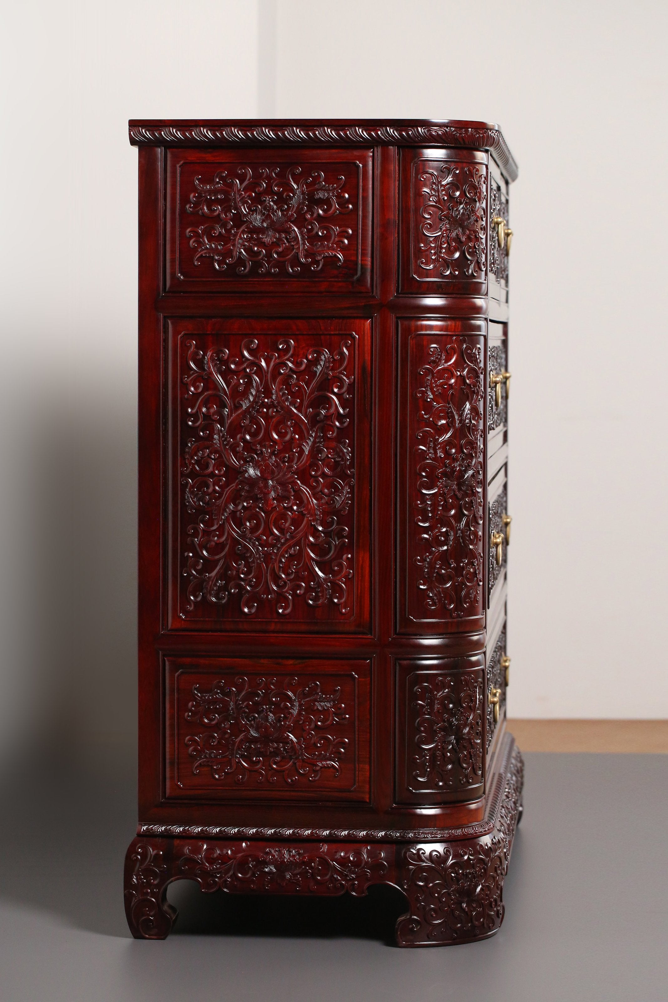 Lao rosewood five-drawer cabinet with lotus scroll pattern