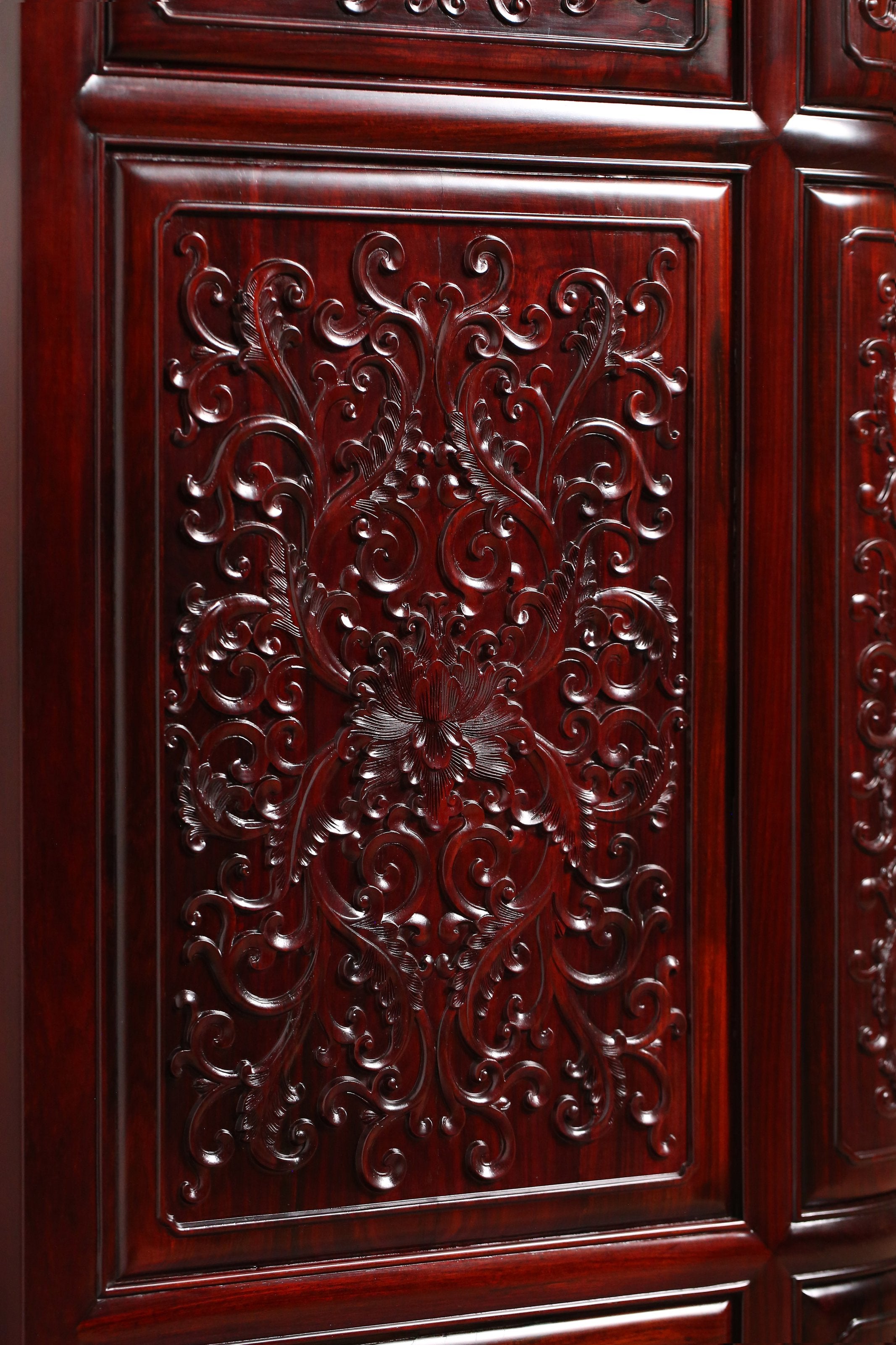 Lao rosewood five-drawer cabinet with lotus scroll pattern