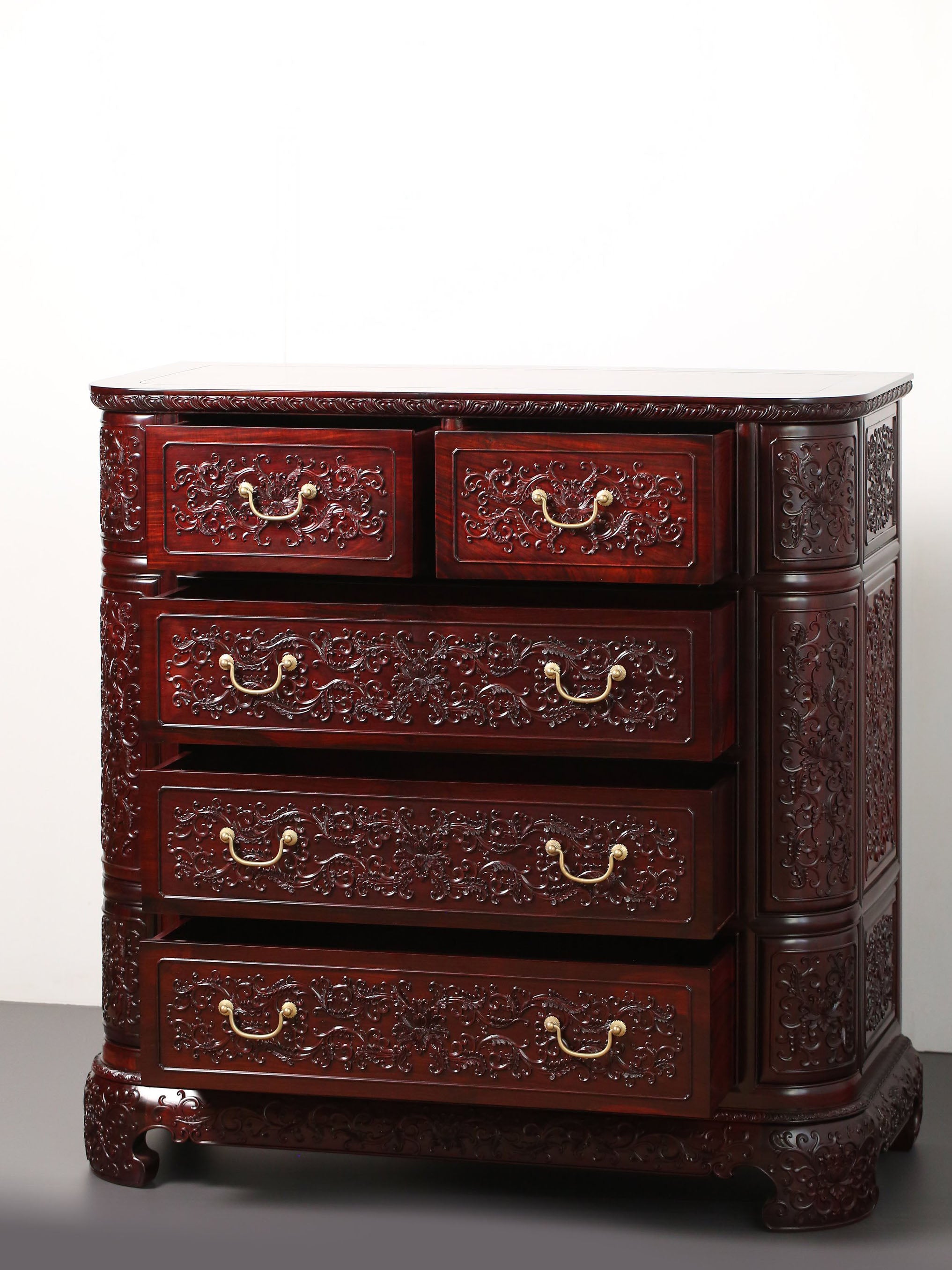 Lao rosewood five-drawer cabinet with lotus scroll pattern