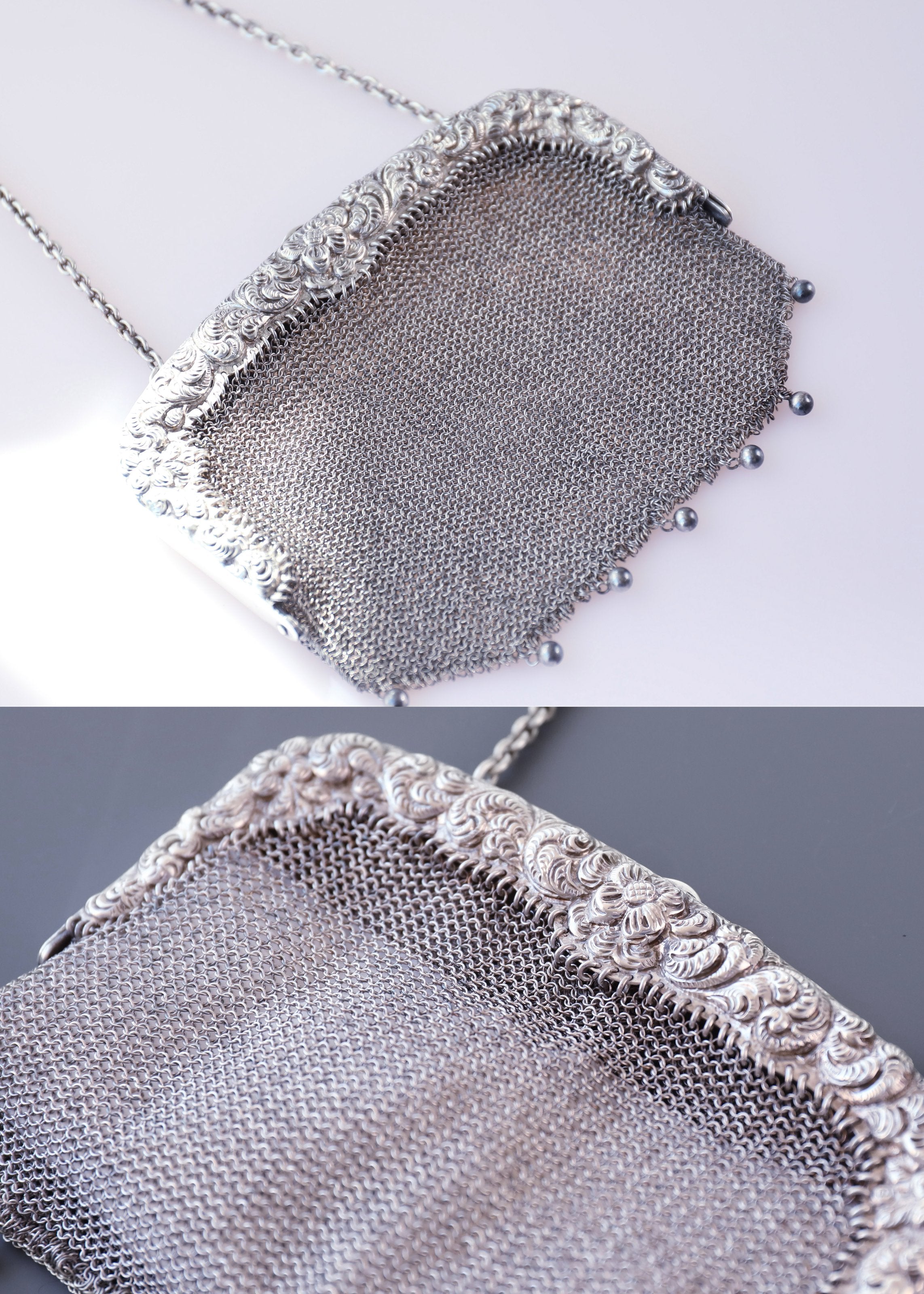 European antique sterling silver woven embossed handbag