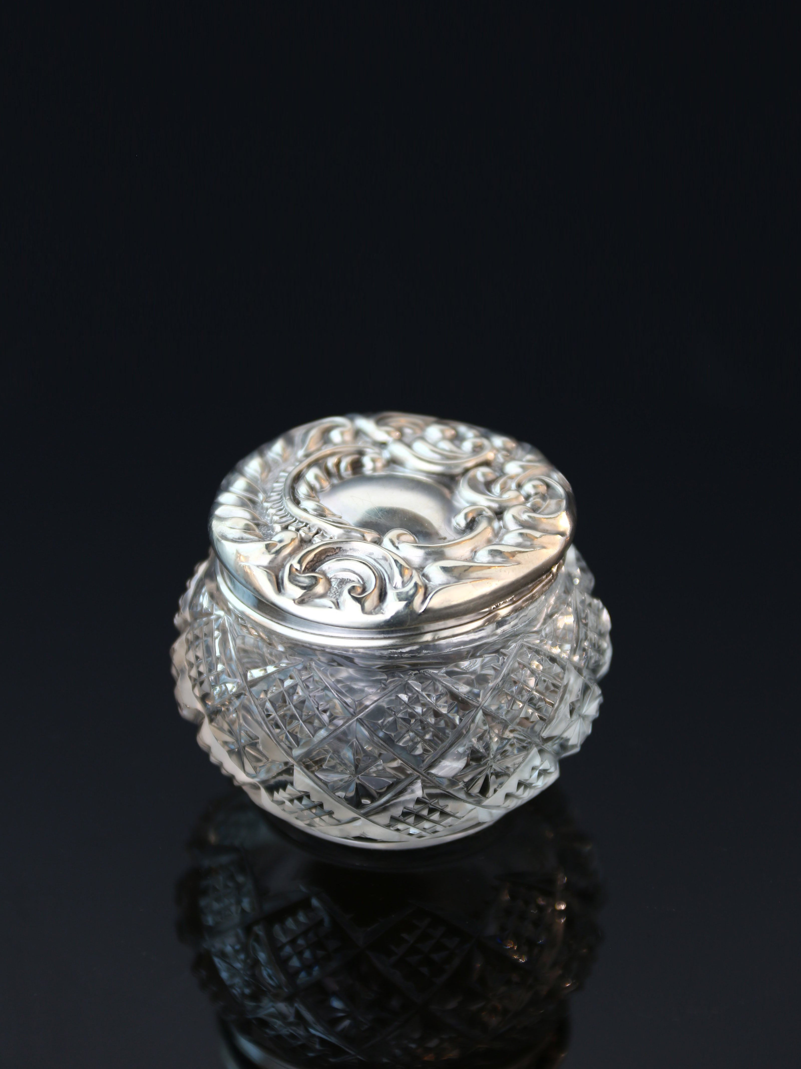 1902 Sterling Silver Lid Crystal Tea Canister