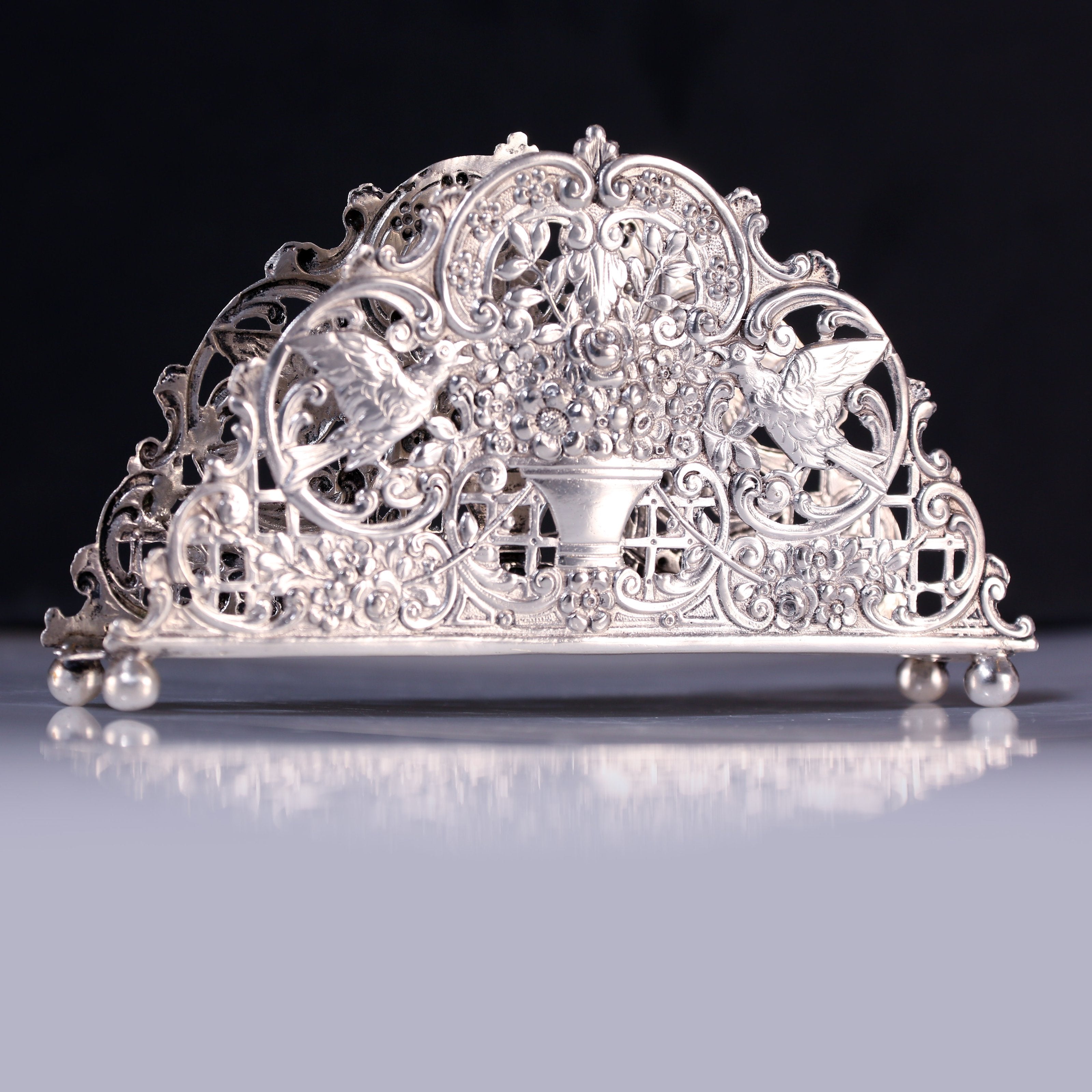 European antique sterling silver floral and fruit tissue holder