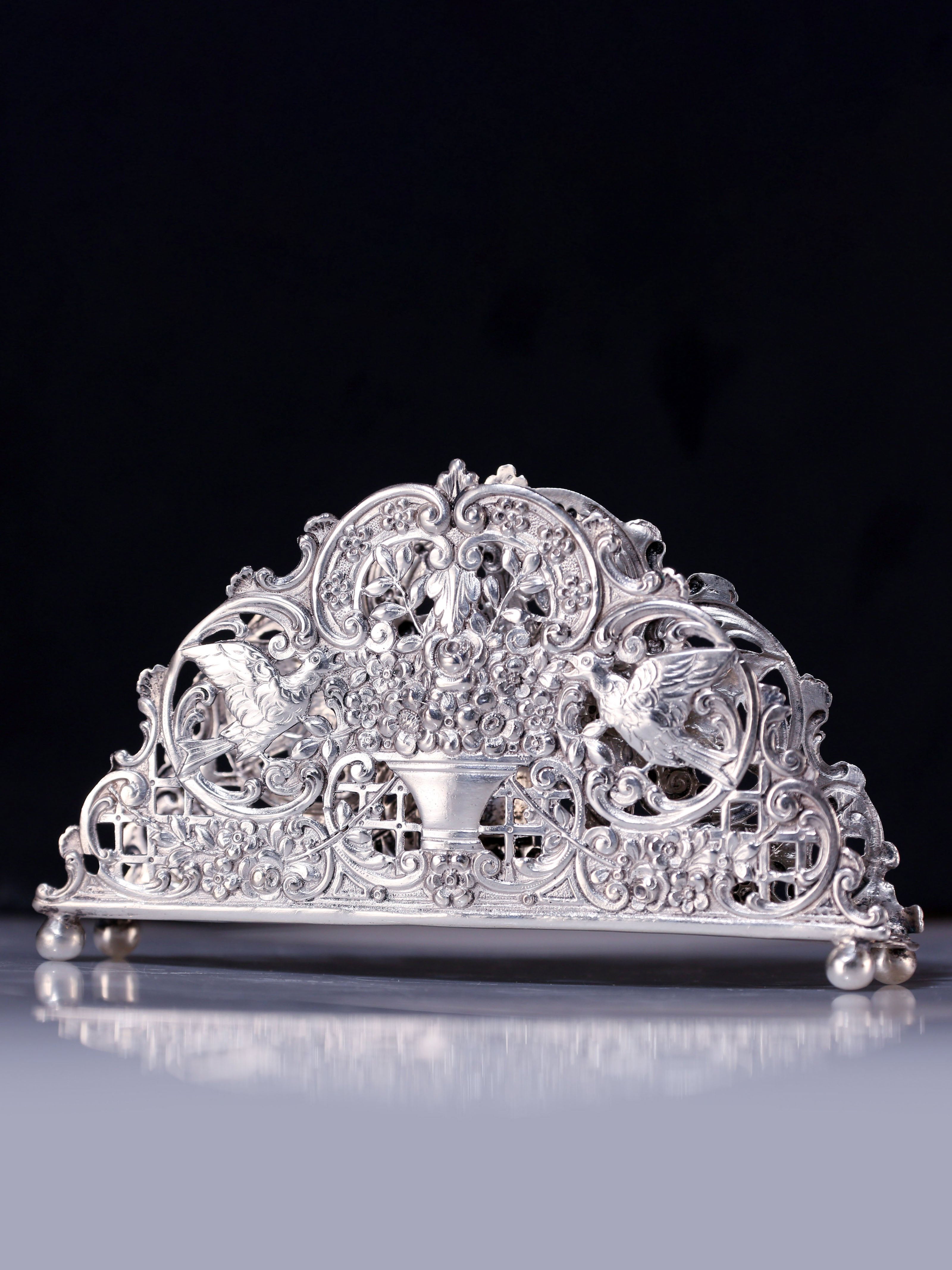 European antique sterling silver floral and fruit tissue holder