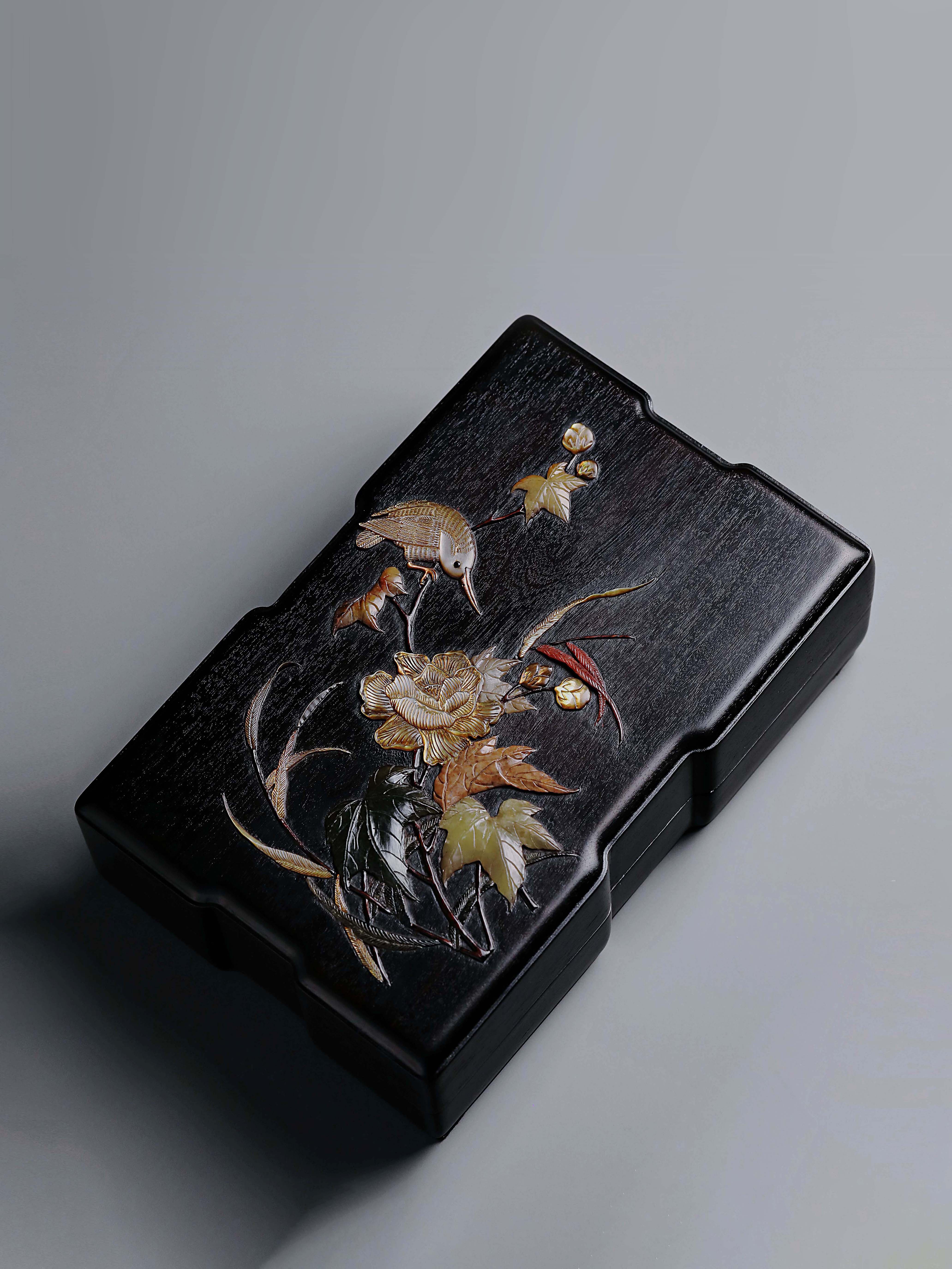 Purple sandalwood stationery box inlaid with floral and bird patterns