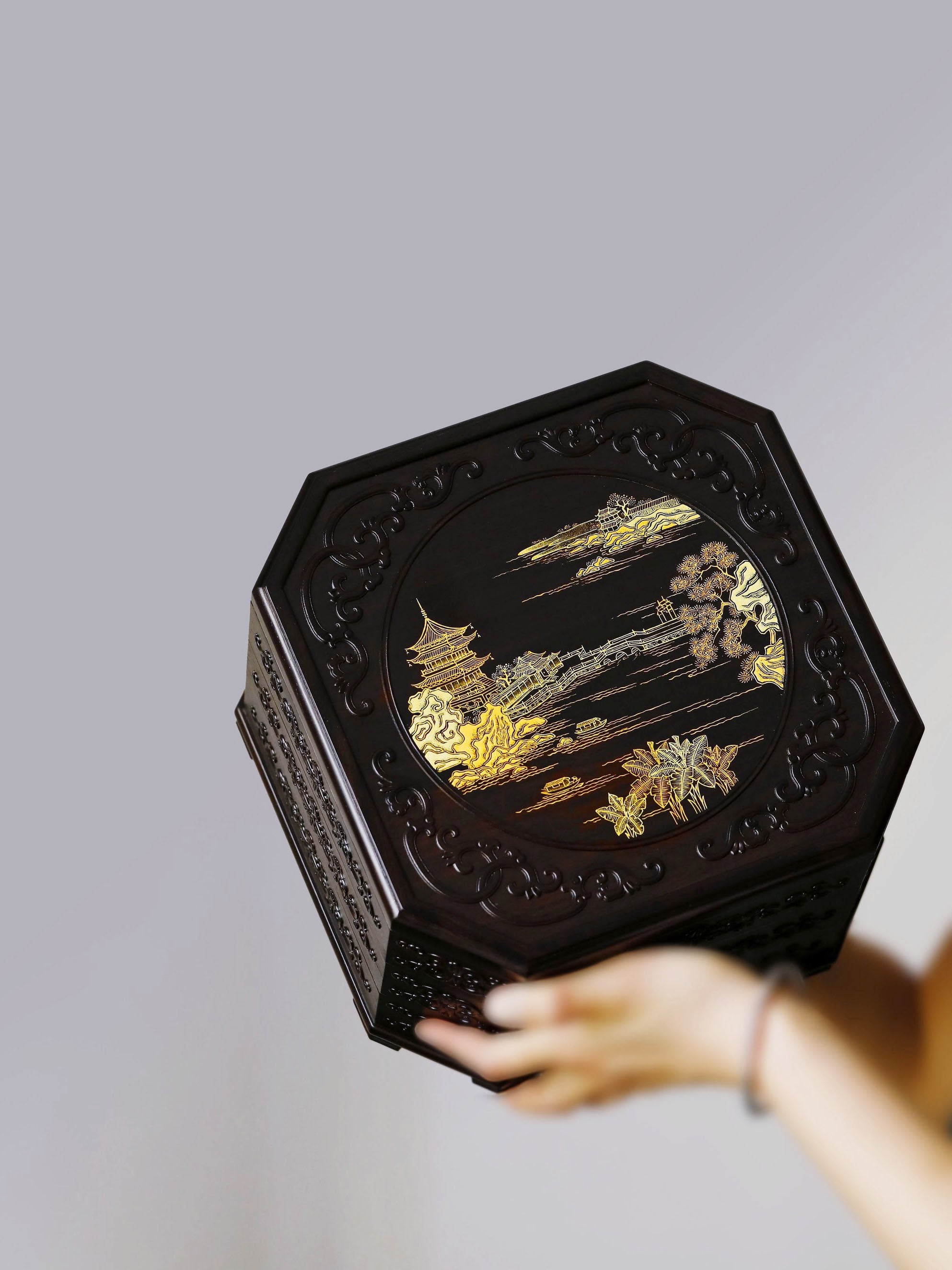 Purple sandalwood gilded fairy pavilion pattern three-tiered octagonal tea box