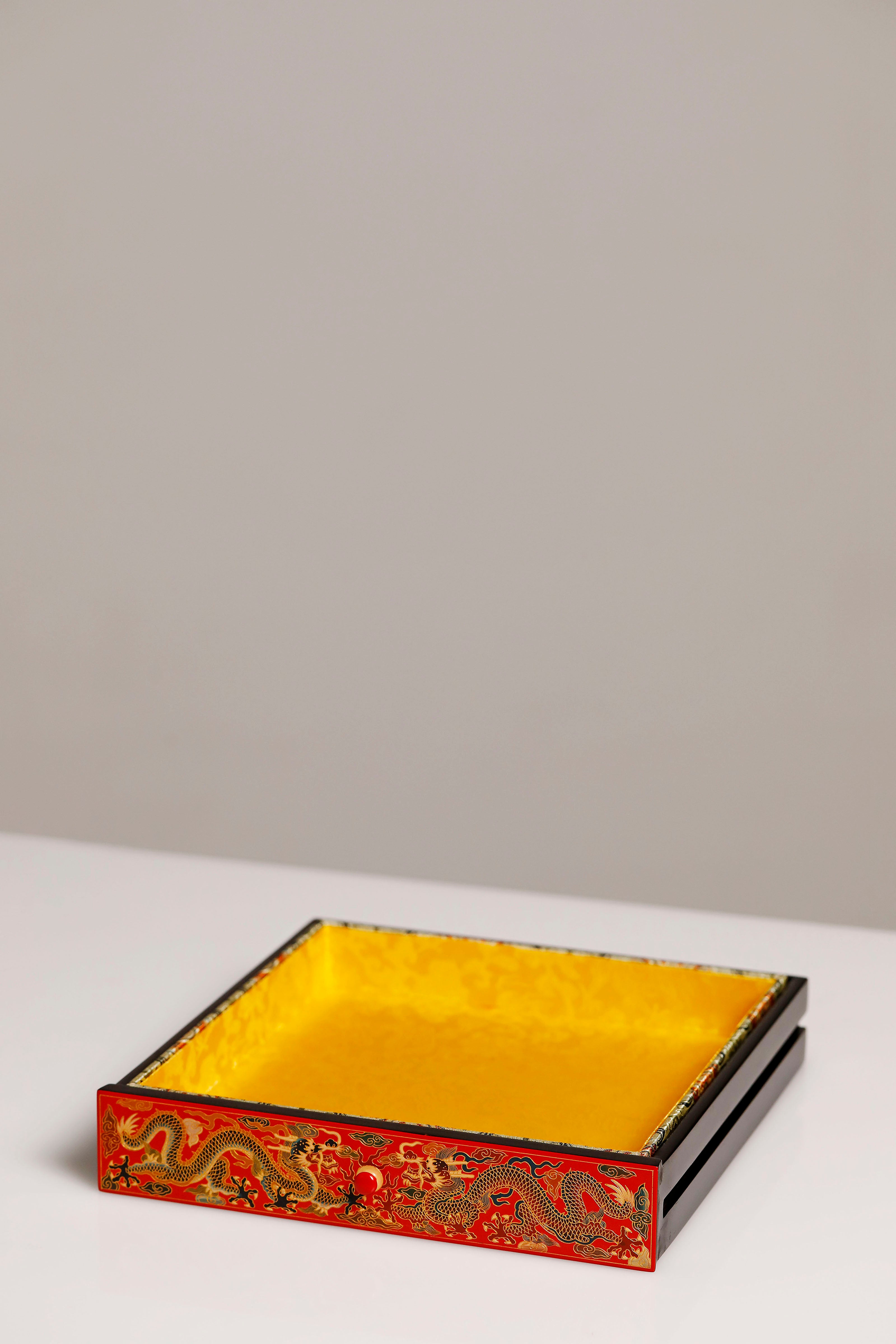 Purple sandalwood lacquer table with double dragons playing with a pearl, five-tiered tea cabinet