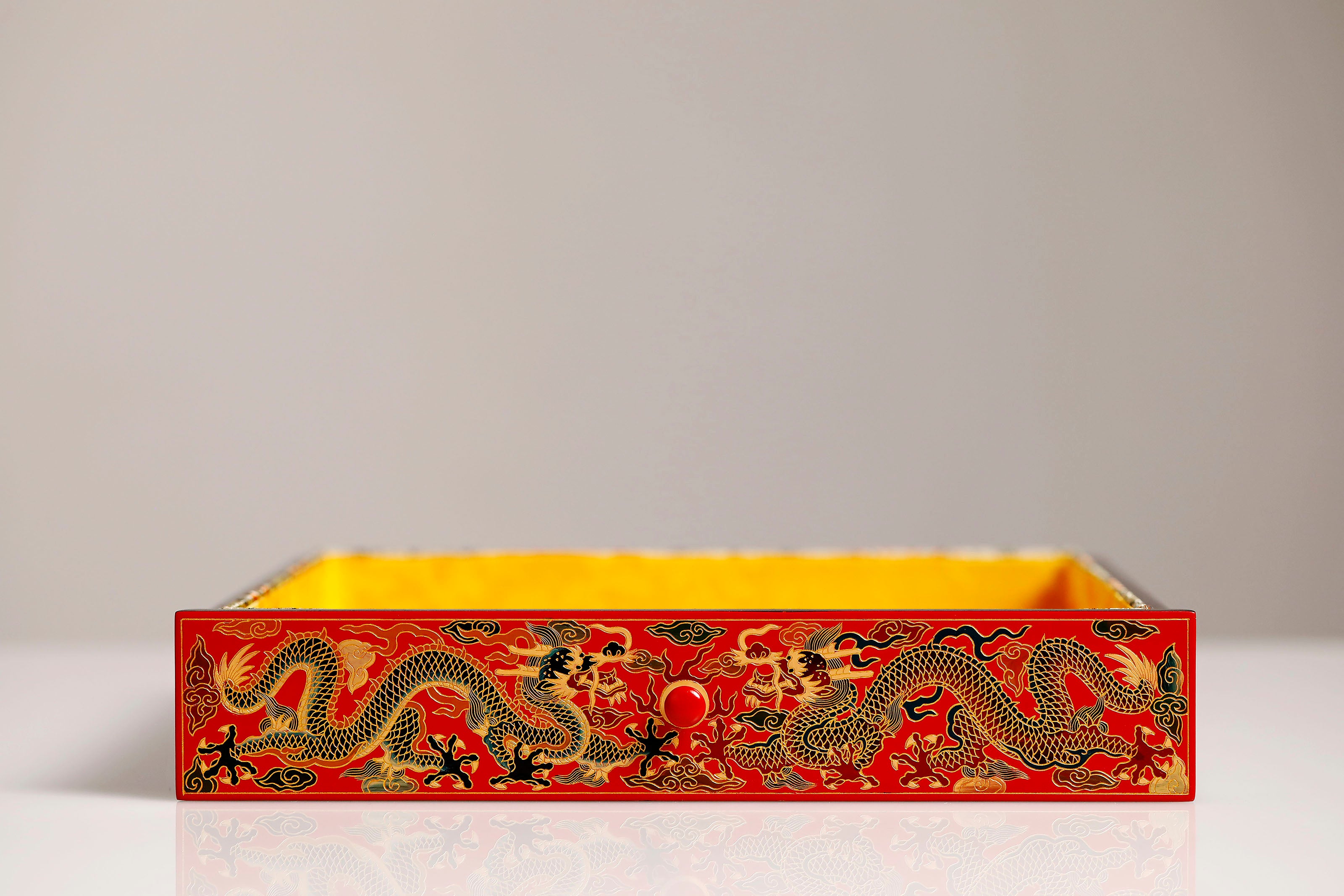 Purple sandalwood lacquer table with double dragons playing with a pearl, five-tiered tea cabinet