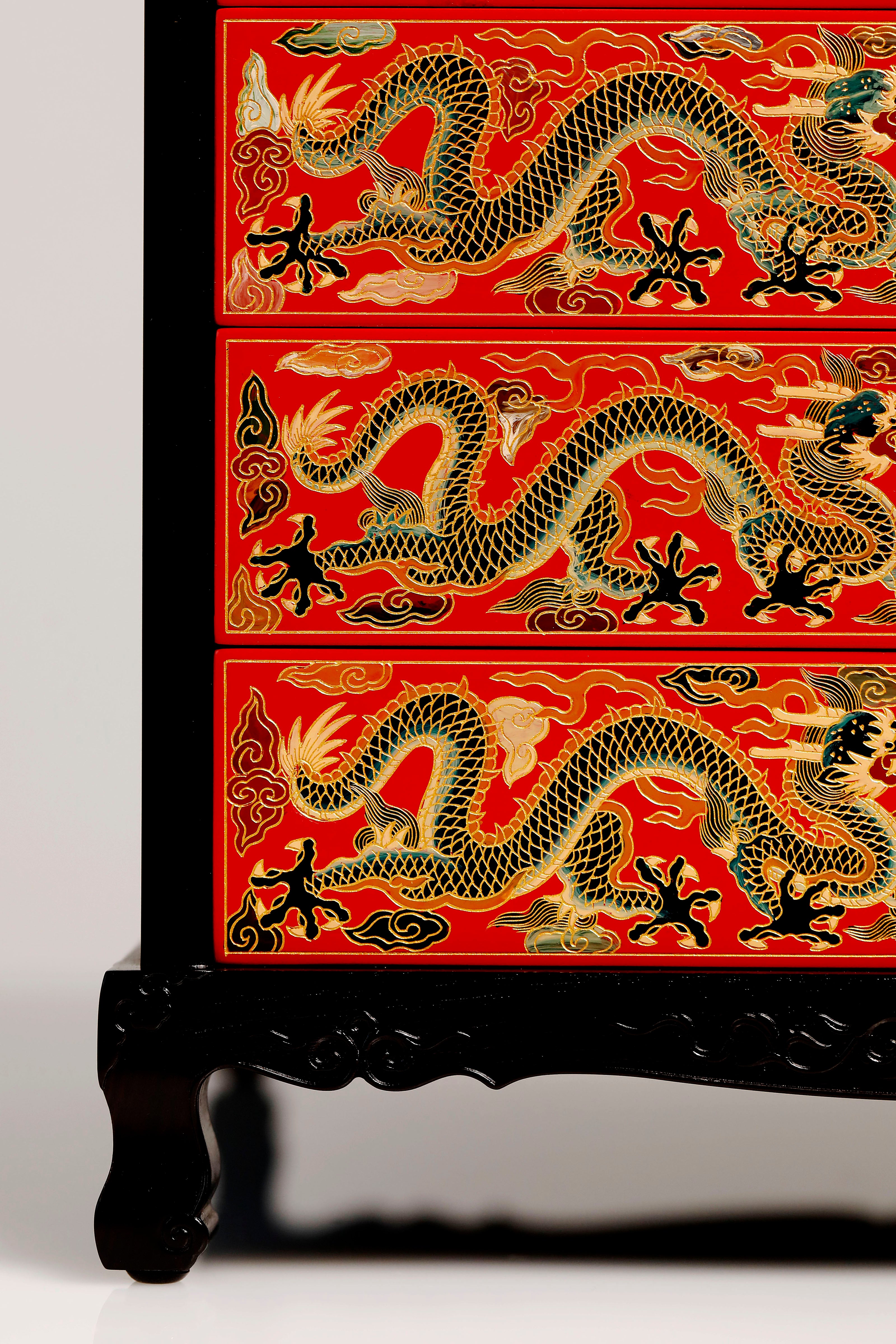 Purple sandalwood lacquer table with double dragons playing with a pearl, five-tiered tea cabinet