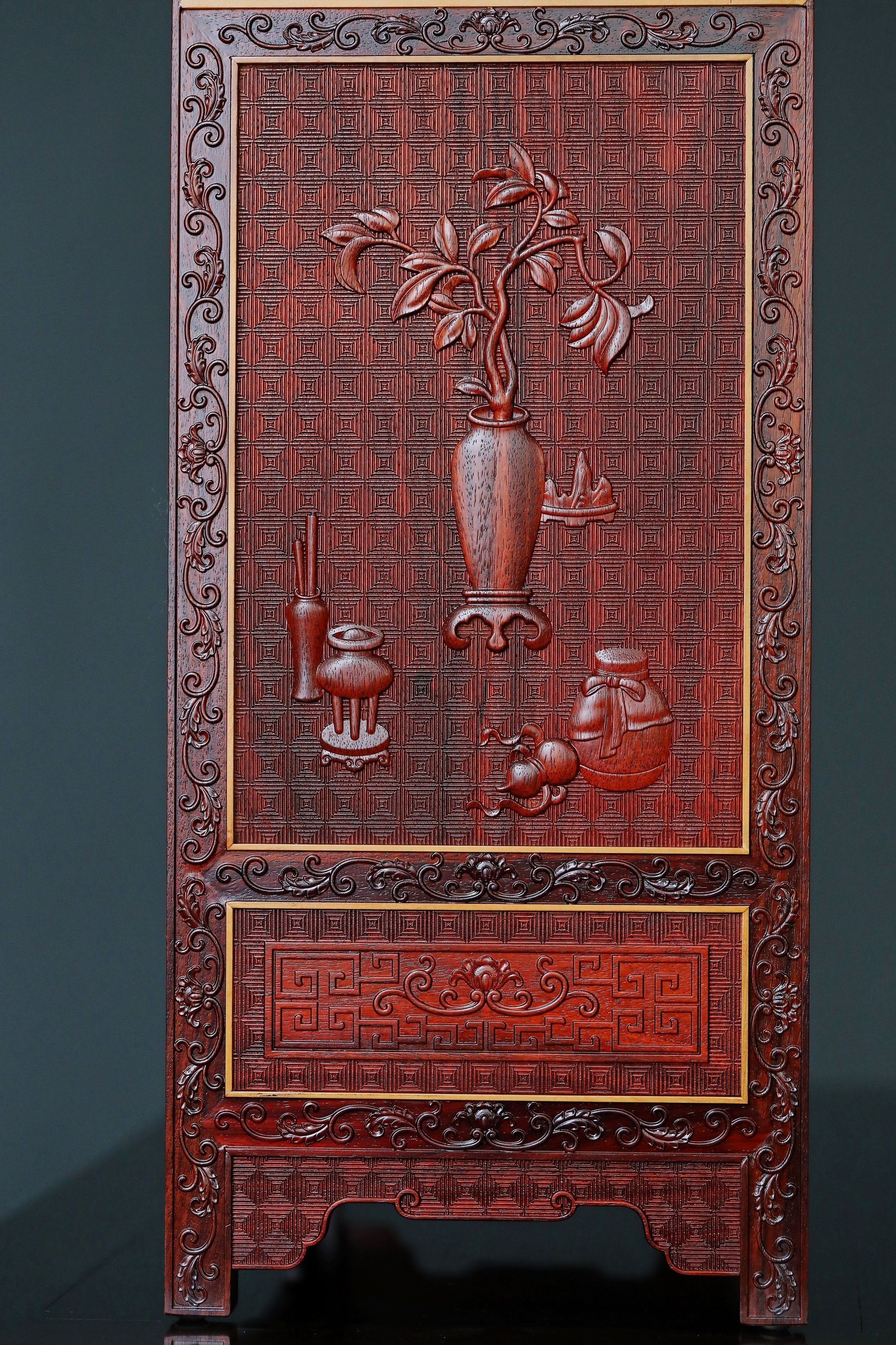 Small-leaf rosewood/Zambian rosewood fully carved antique pattern table and cabinet