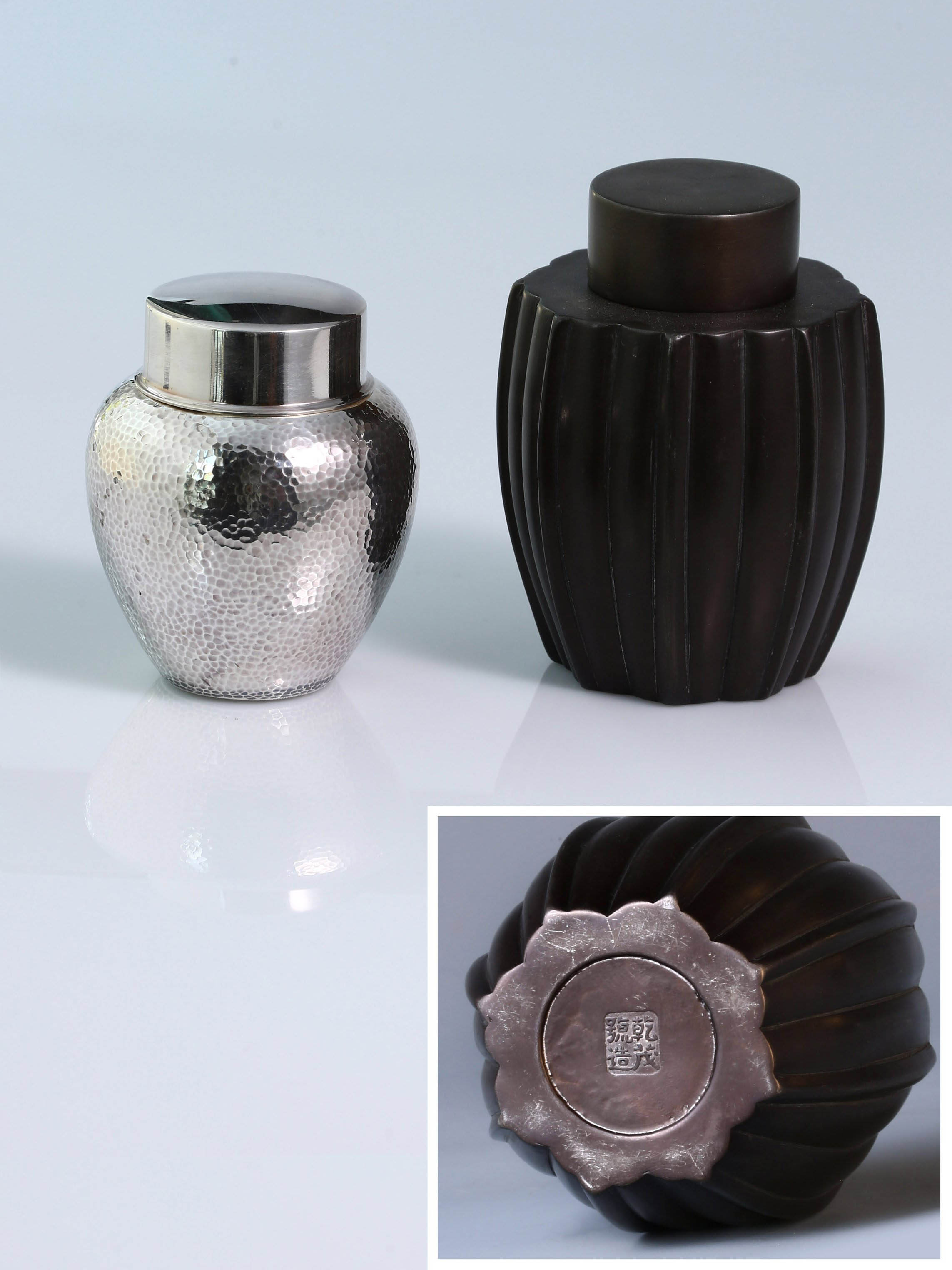 Dayatang pure silver hammered tea canister and pure tin ribbed antique tea canister