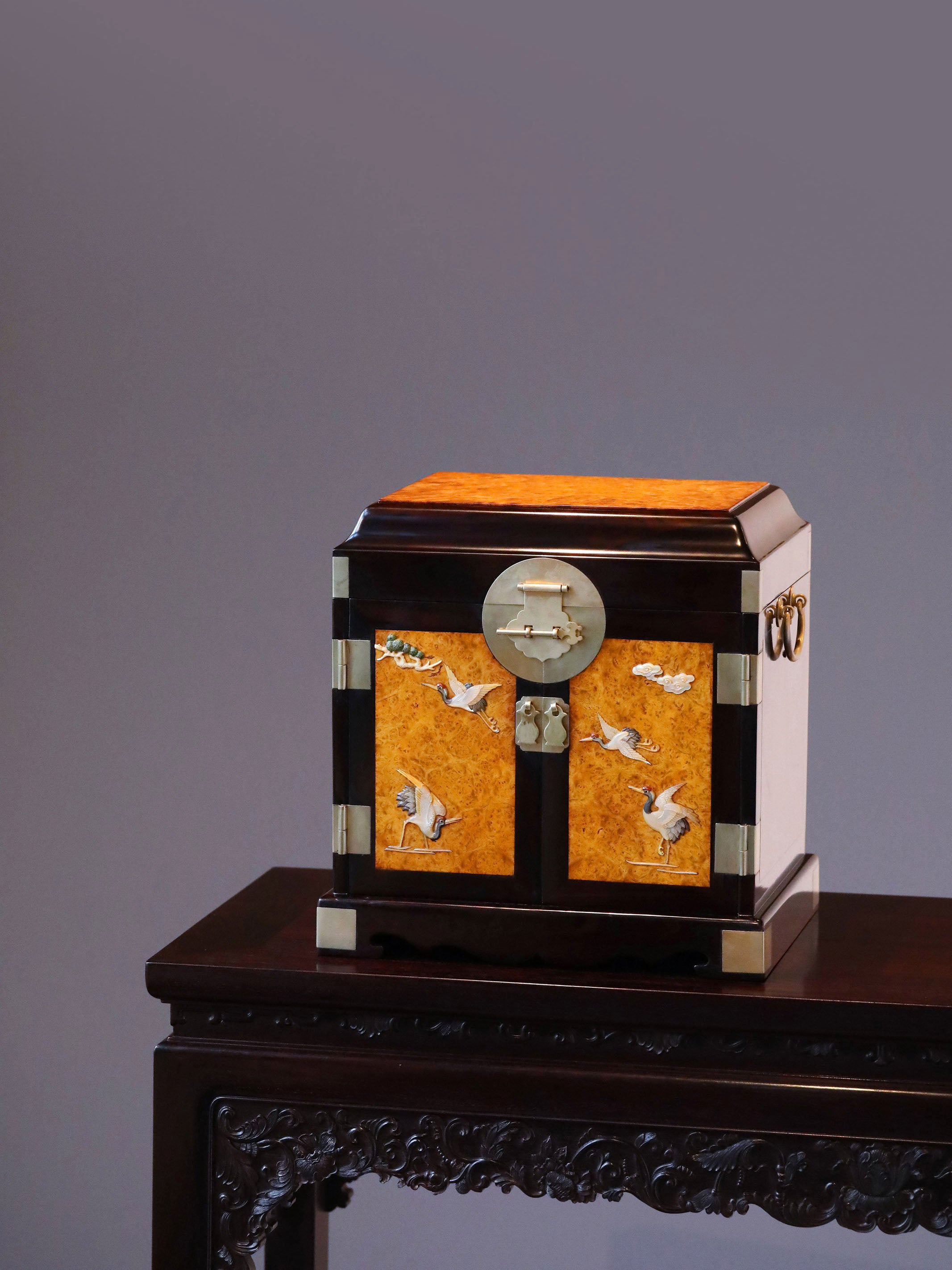 inlaid with pine and crane motifs, official leather box