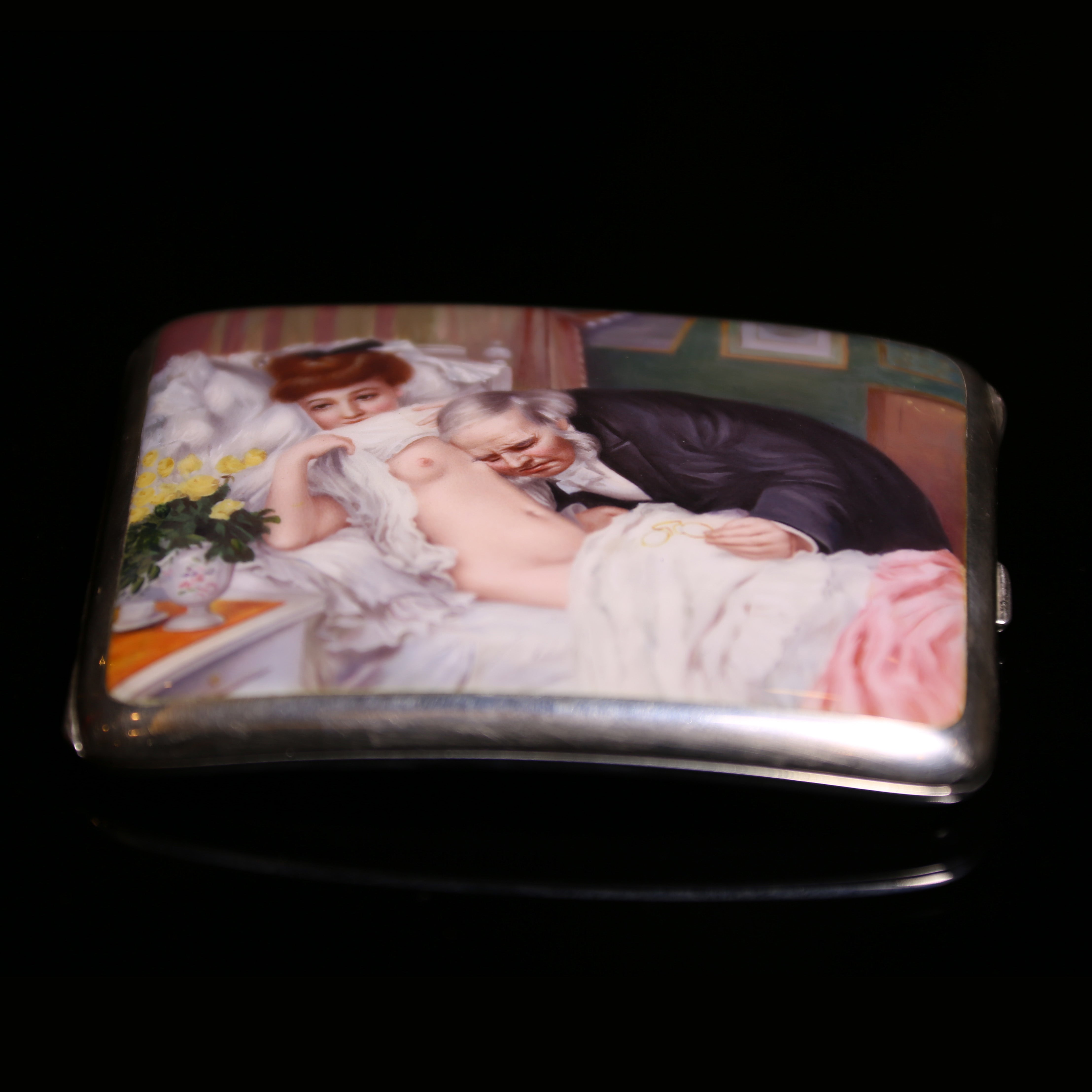 Auscultation - A 19th-century British enamel-painted sterling silver cigarette case