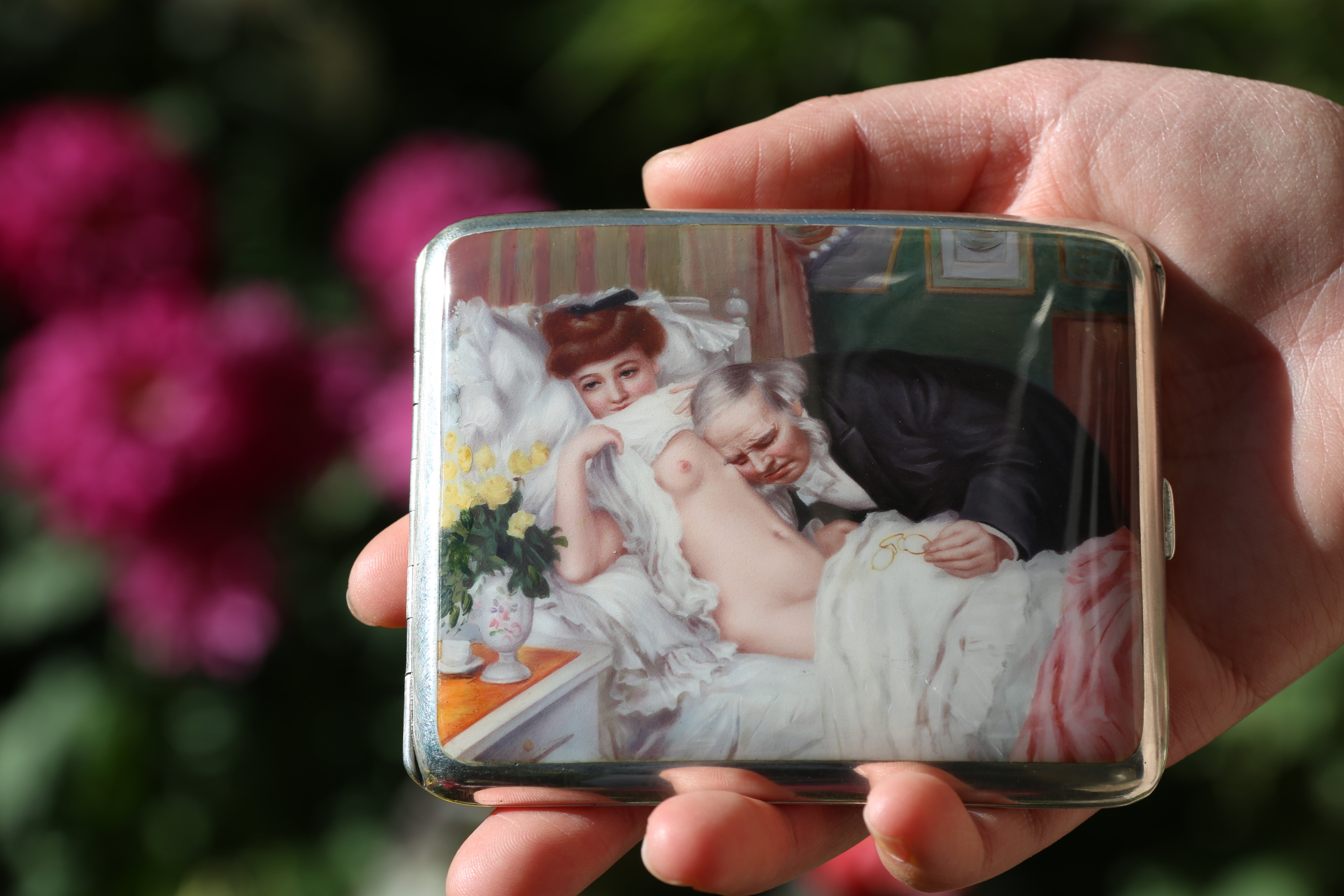 Auscultation - A 19th-century British enamel-painted sterling silver cigarette case