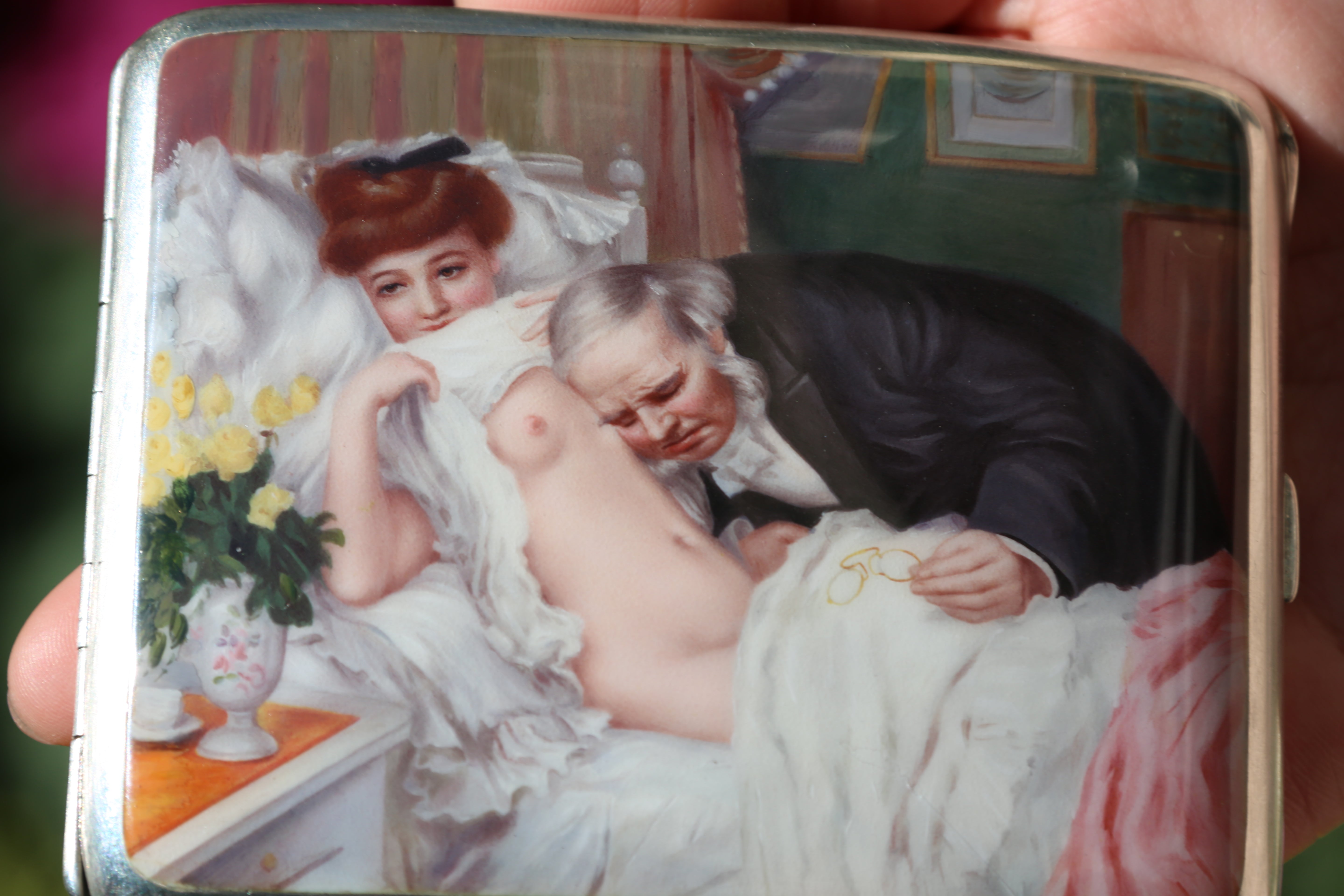 Auscultation - A 19th-century British enamel-painted sterling silver cigarette case