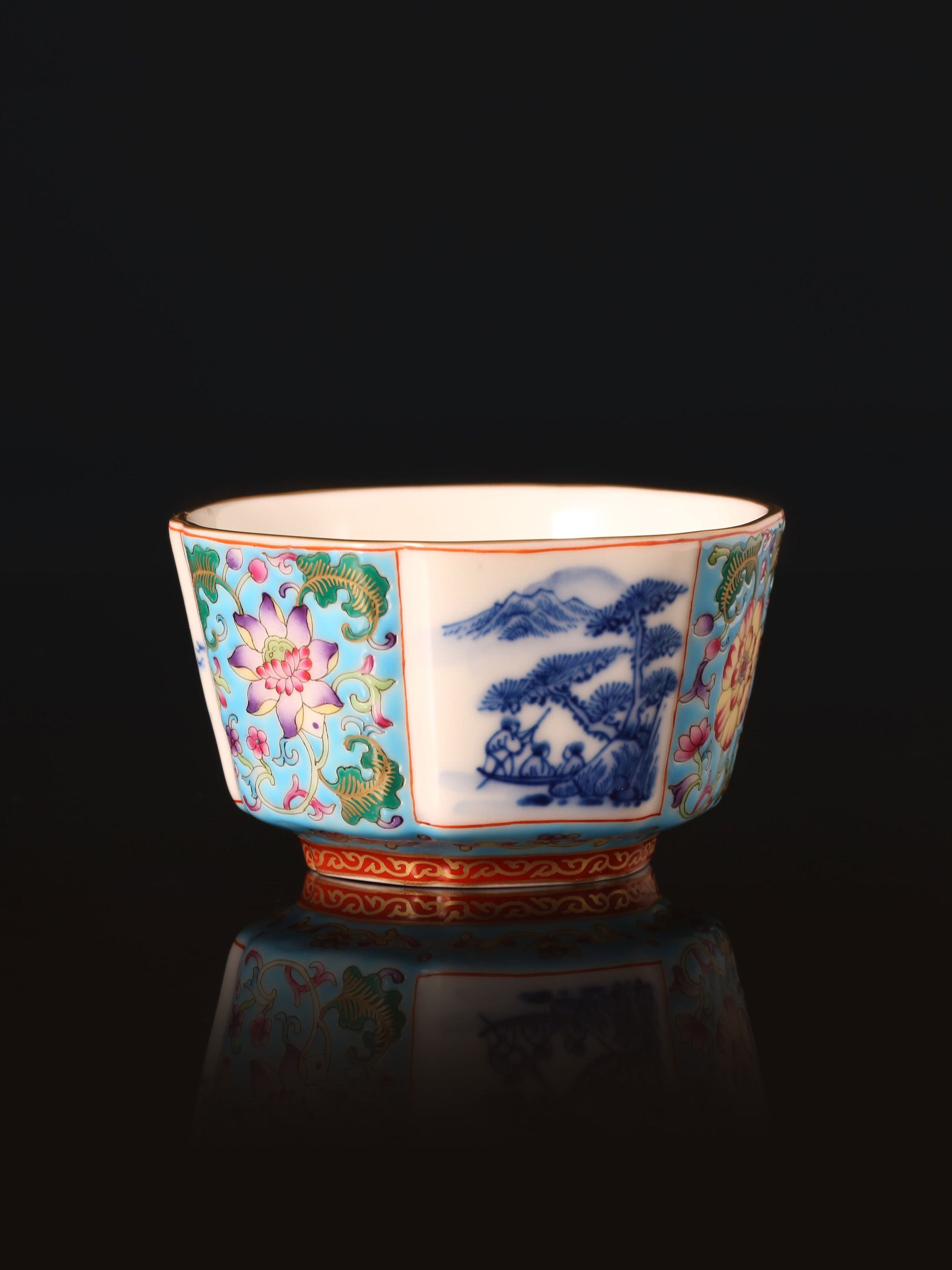 Dayazhai Enamel Landscape/Blue and White Hexagonal Cup with Window