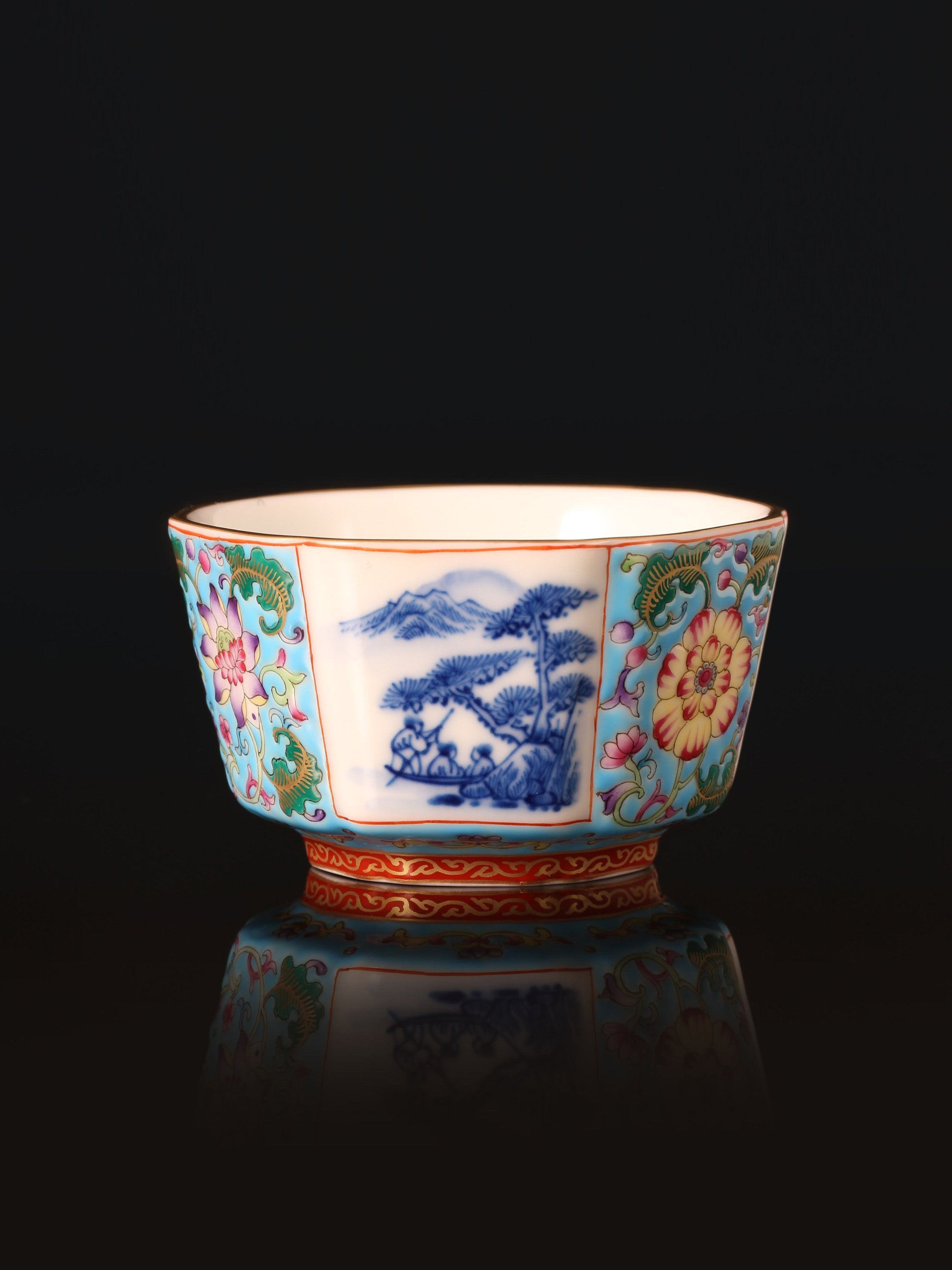 Dayazhai Enamel Landscape/Blue and White Hexagonal Cup with Window