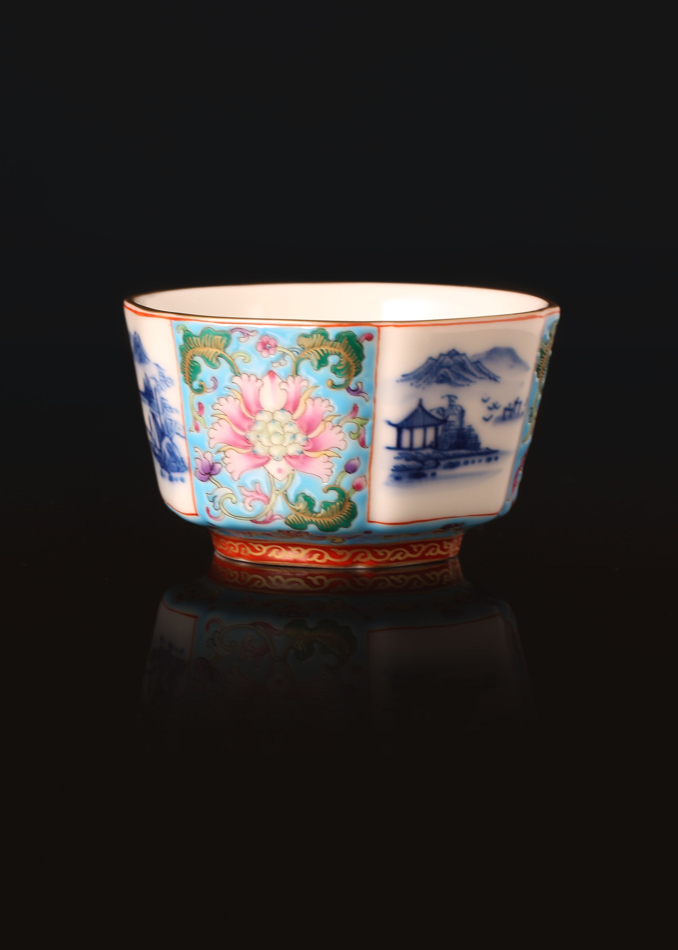 Dayazhai Enamel Landscape/Blue and White Hexagonal Cup with Window