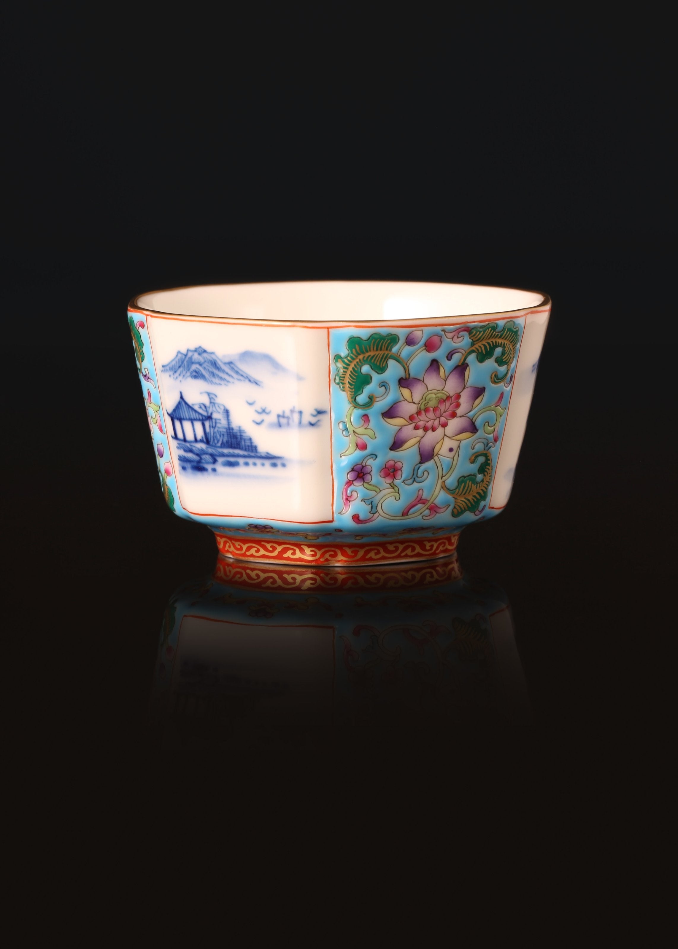 Dayazhai Enamel Landscape/Blue and White Hexagonal Cup with Window