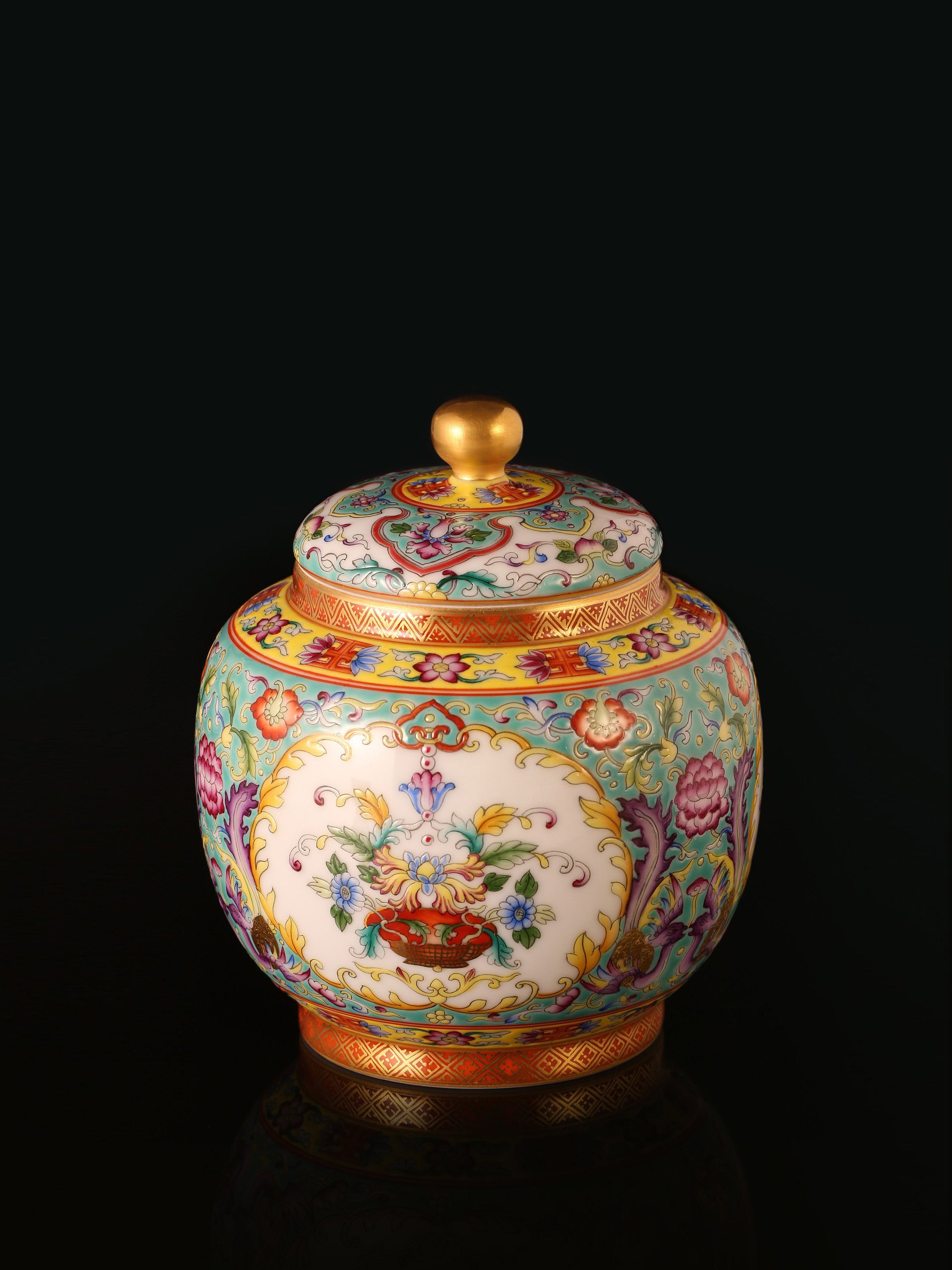 Dayazhai Enamel Flower Basket with Phoenix Design and Tea Canister on Pink/Green Ground